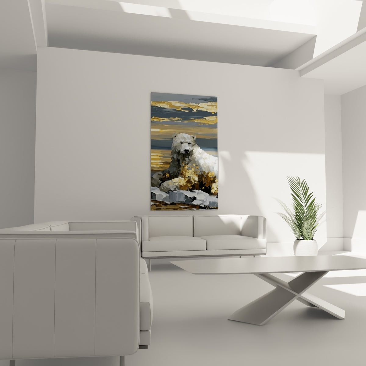 Regard sombre de l'ours polaire sur fond de ciel gris et doré, tableau au-dessus d'un canapé dans un salon lumineux