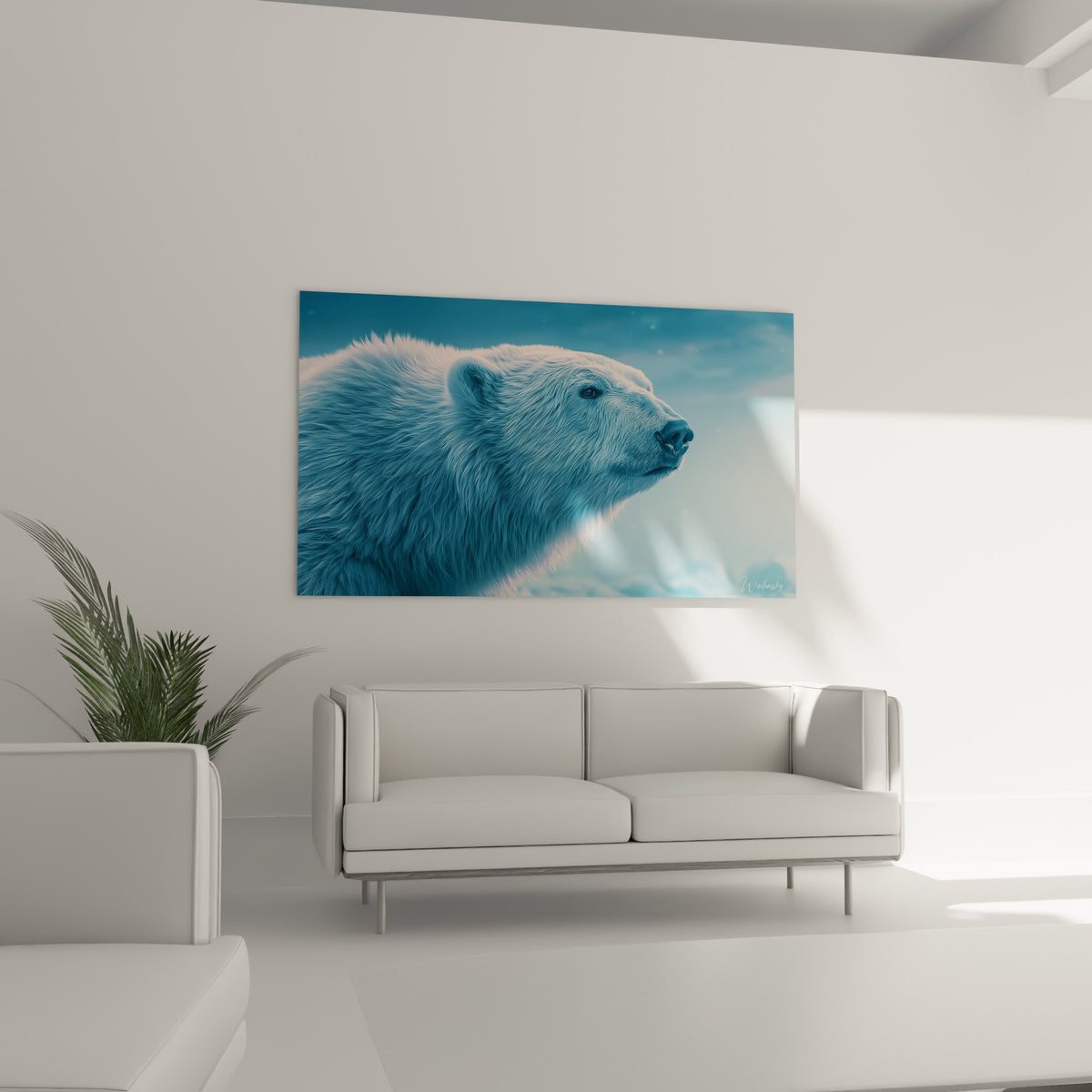 Ours polaire fixant l'horizon dans un camaïeu bleu glacé, au-dessus d'un canapé dans un salon lumineux