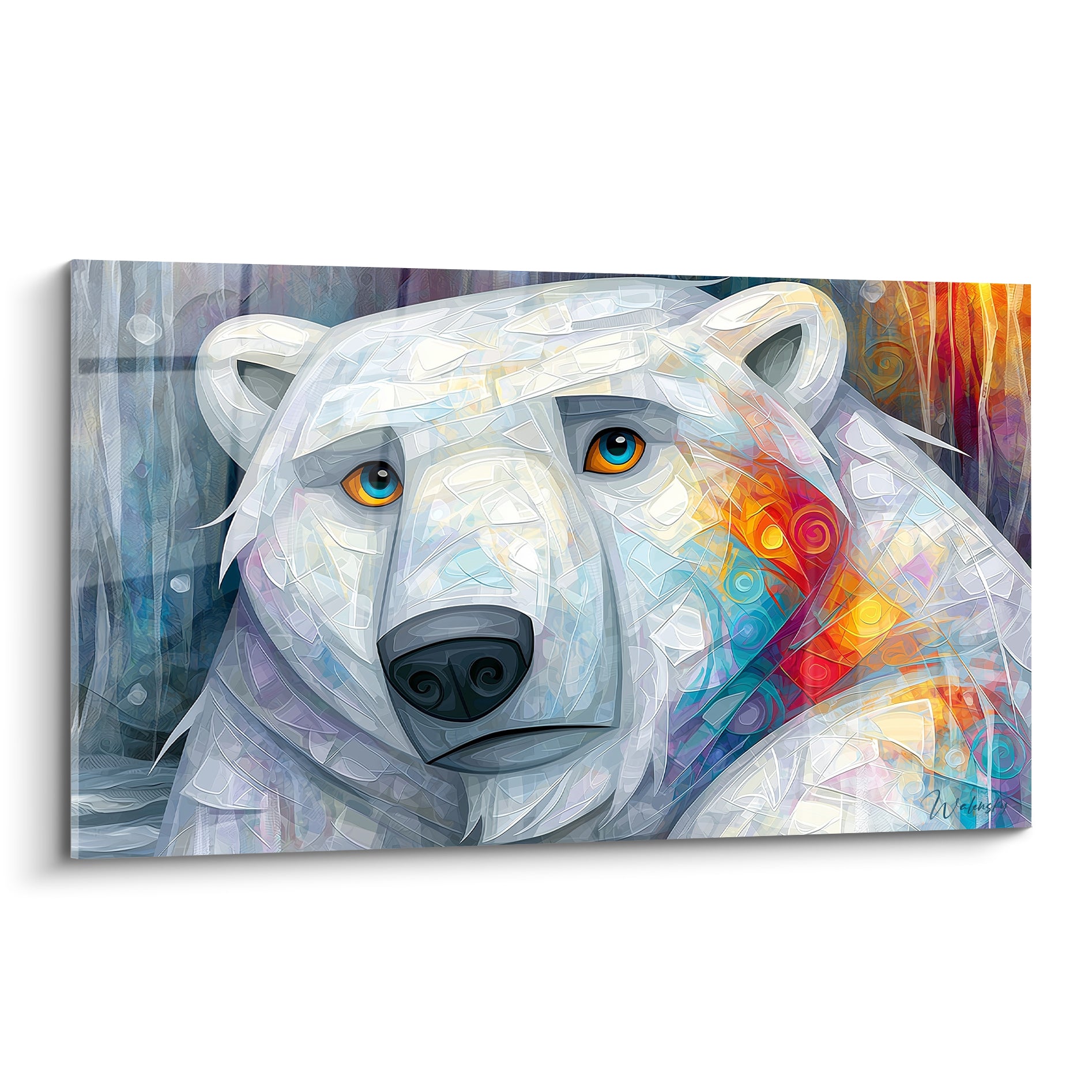 Ours polaire blanc au regard bleu et ambré, museau noir, éclats orangés et turquoise fragmentés