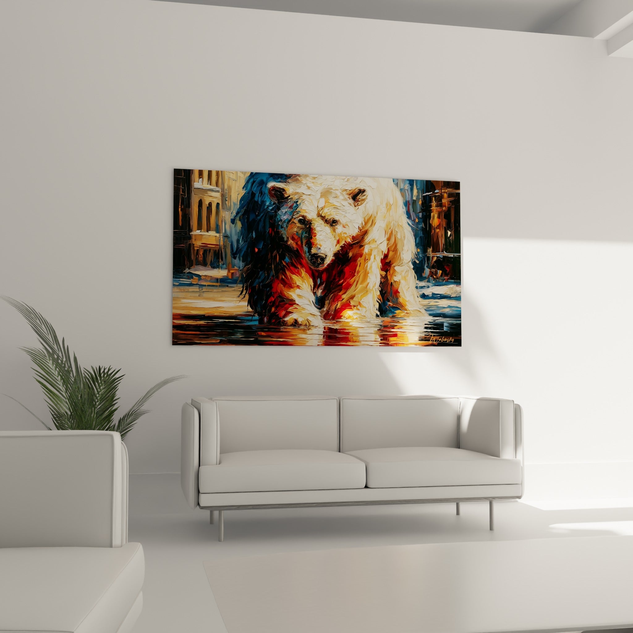 Regard intense de l'ours polaire aux teintes bleu marine et dorées au-dessus d'un canapé dans un salon lumineux