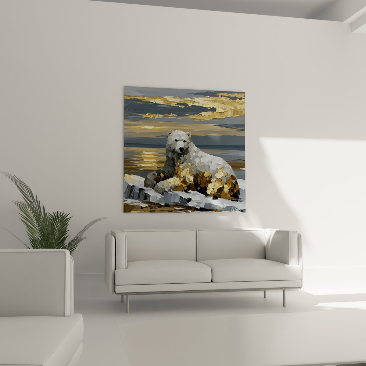 Regard fixe de l'ours polaire sur fond de ciel doré et bleu nuit, accroché au-dessus d'un canapé dans un salon lumineux