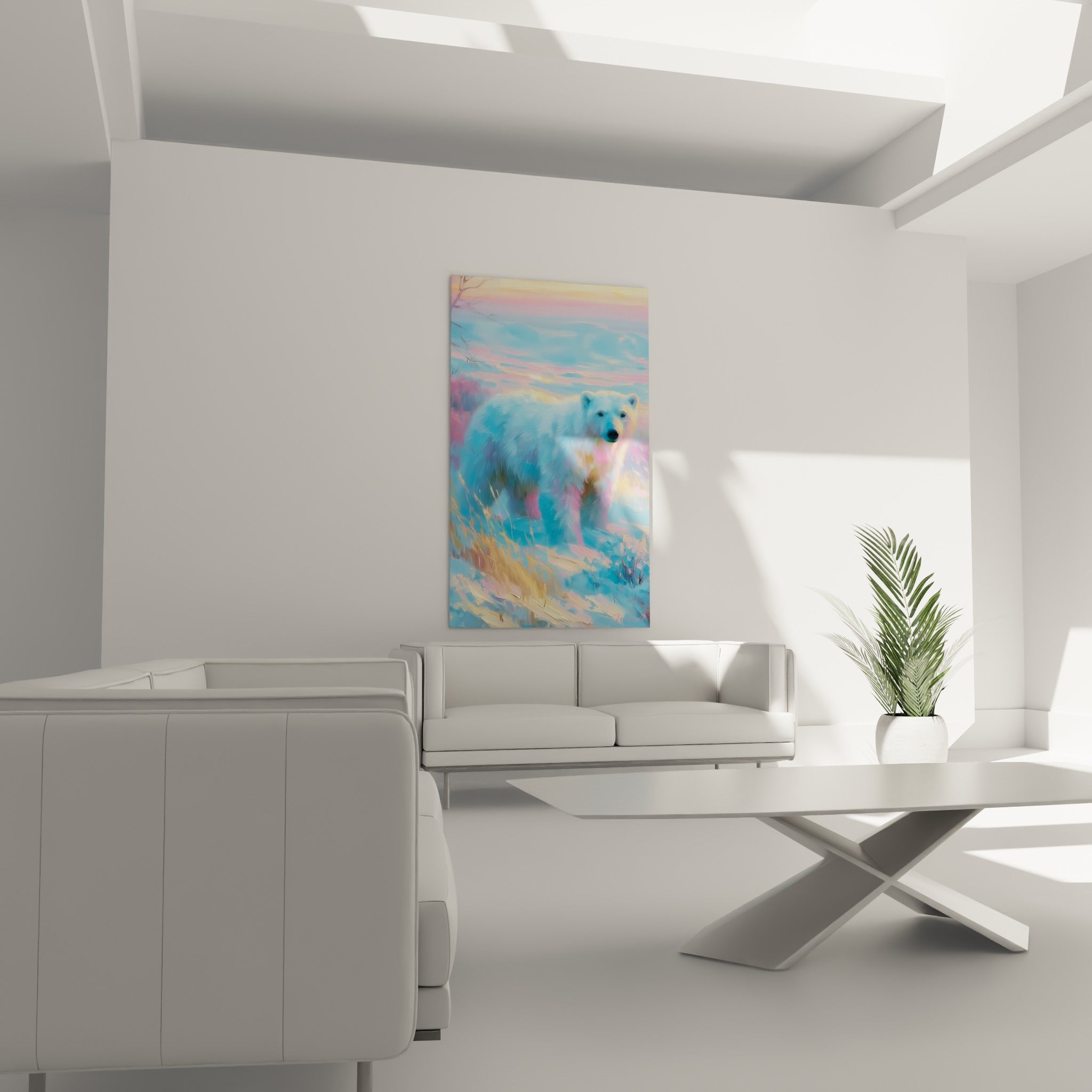 Ours polaire au regard direct, nuances bleu ciel et pêche, au-dessus d'un canapé dans un salon lumineux