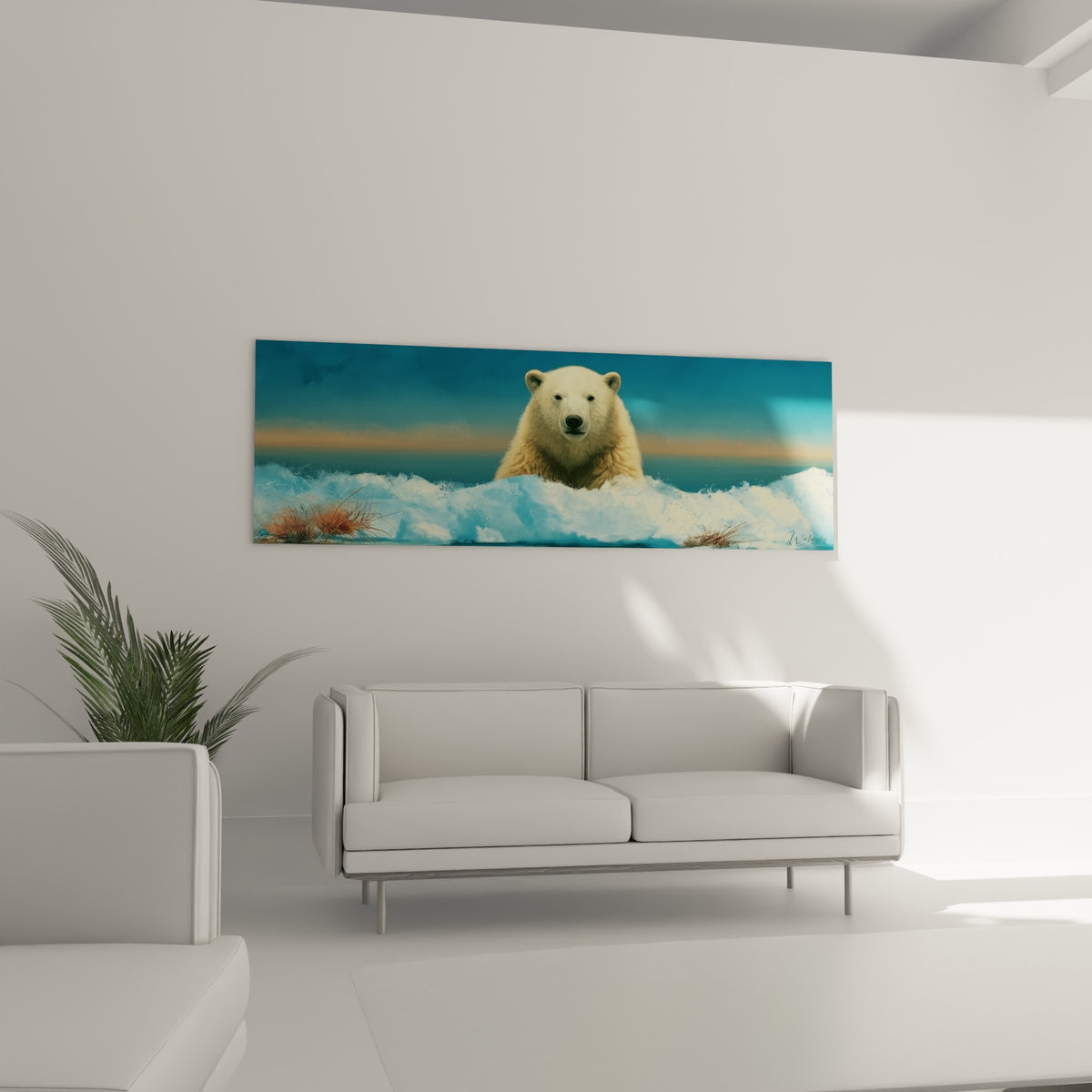 Ours polaire beige et bleu profond dominant l'écume au-dessus d'un canapé dans un salon lumineux