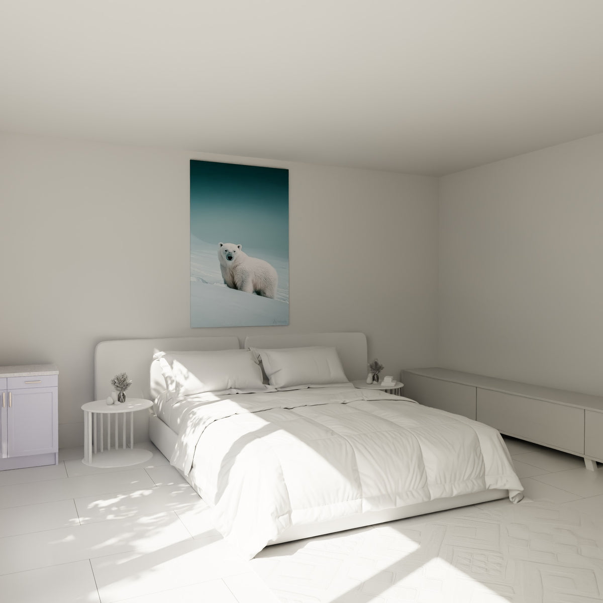Ours polaire blanc et gris anthracite, tableau accroché au-dessus d'un lit dans une chambre claire