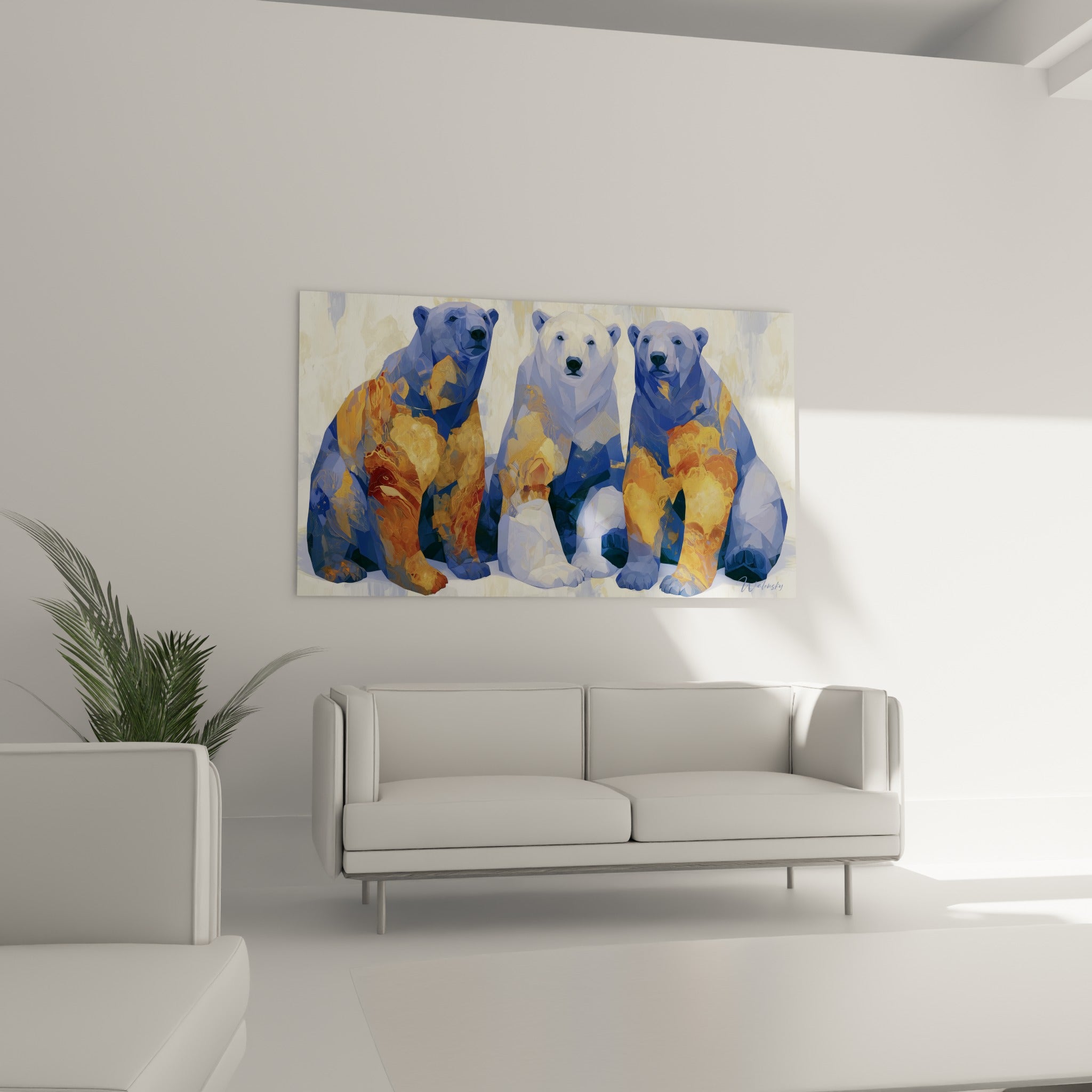 Silhouettes d'ours polaires dorées et bleutées au regard frontal, au-dessus d'un canapé dans un salon lumineux