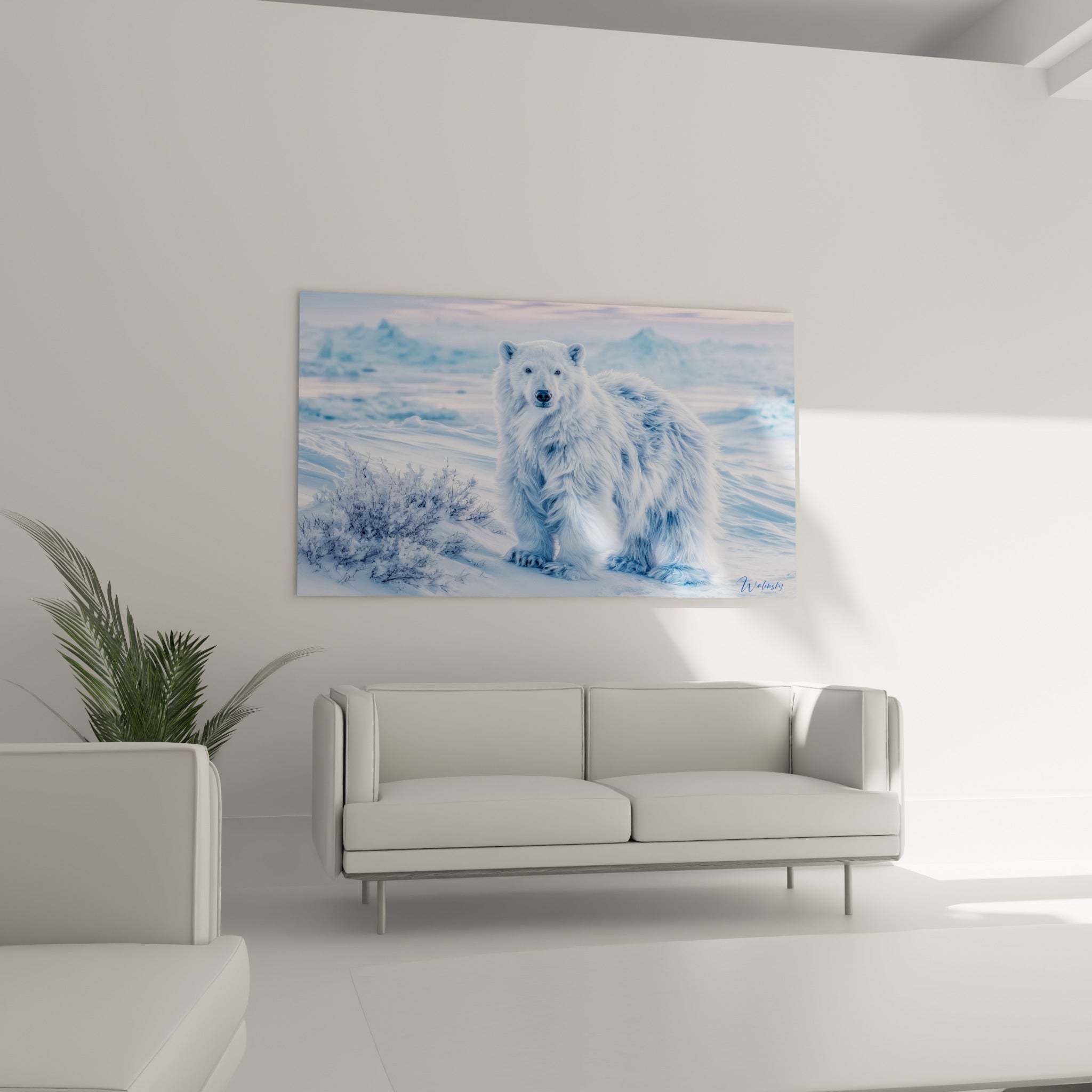 Regard sombre de l'ours polaire sur fond de glace rosée, disposé au-dessus d'un canapé dans un salon lumineux