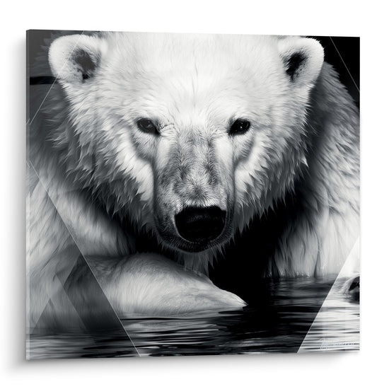 Ours polaire au regard noir intense, pelage blanc texturé émergeant d'une eau sombre profonde