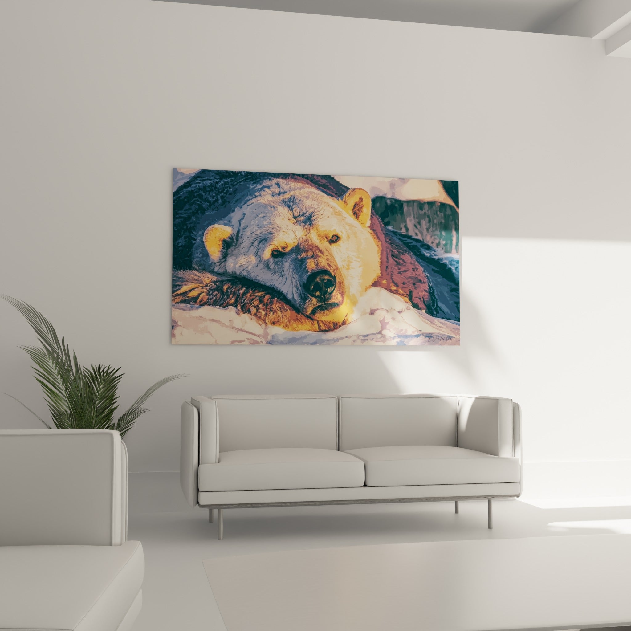 Museau puissant de l'ours polaire, teintes dorées et anthracite, au-dessus d'un canapé dans un salon lumineux