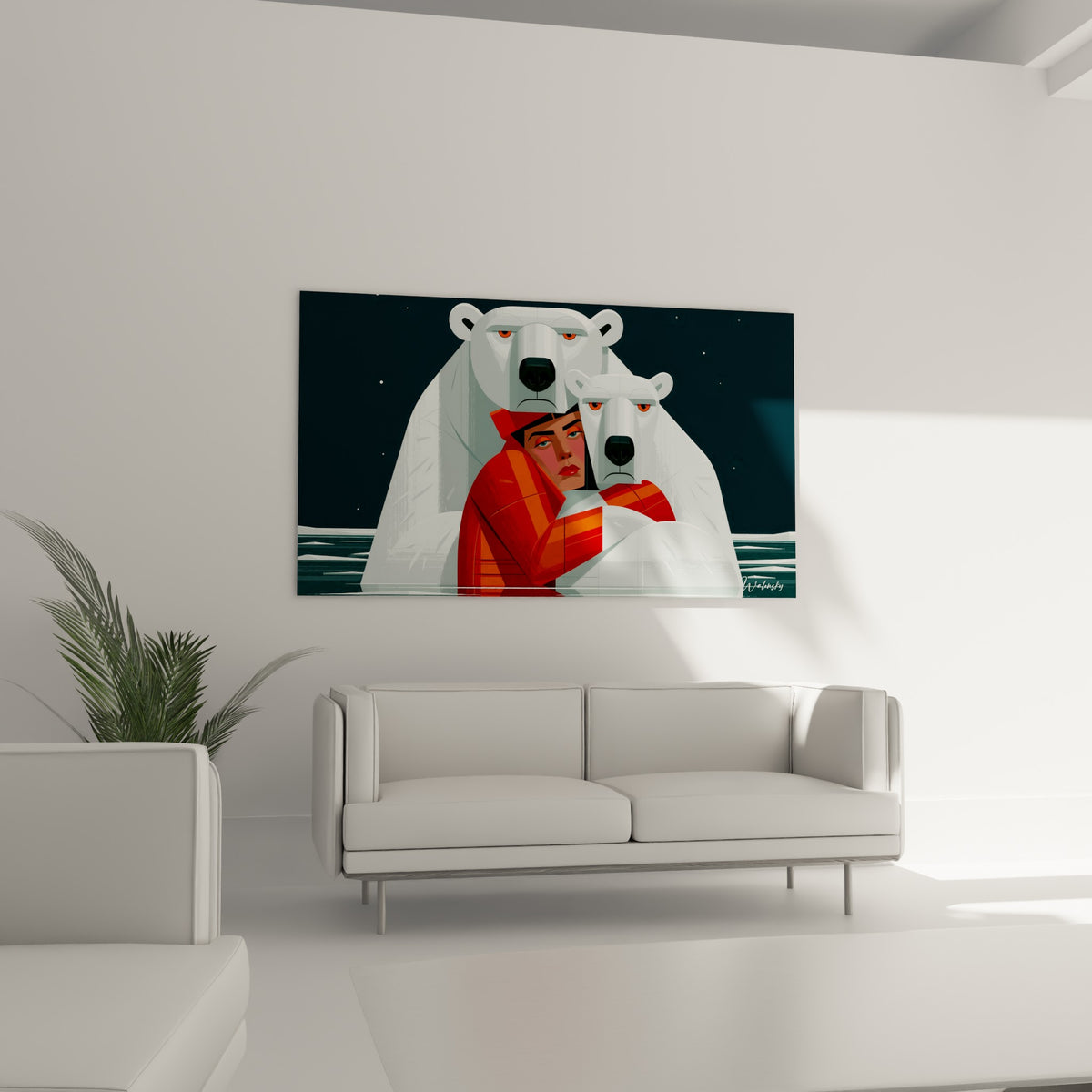 Regards orangés des ours polaires blancs et manteau rouge vif au-dessus d'un canapé dans un salon lumineux