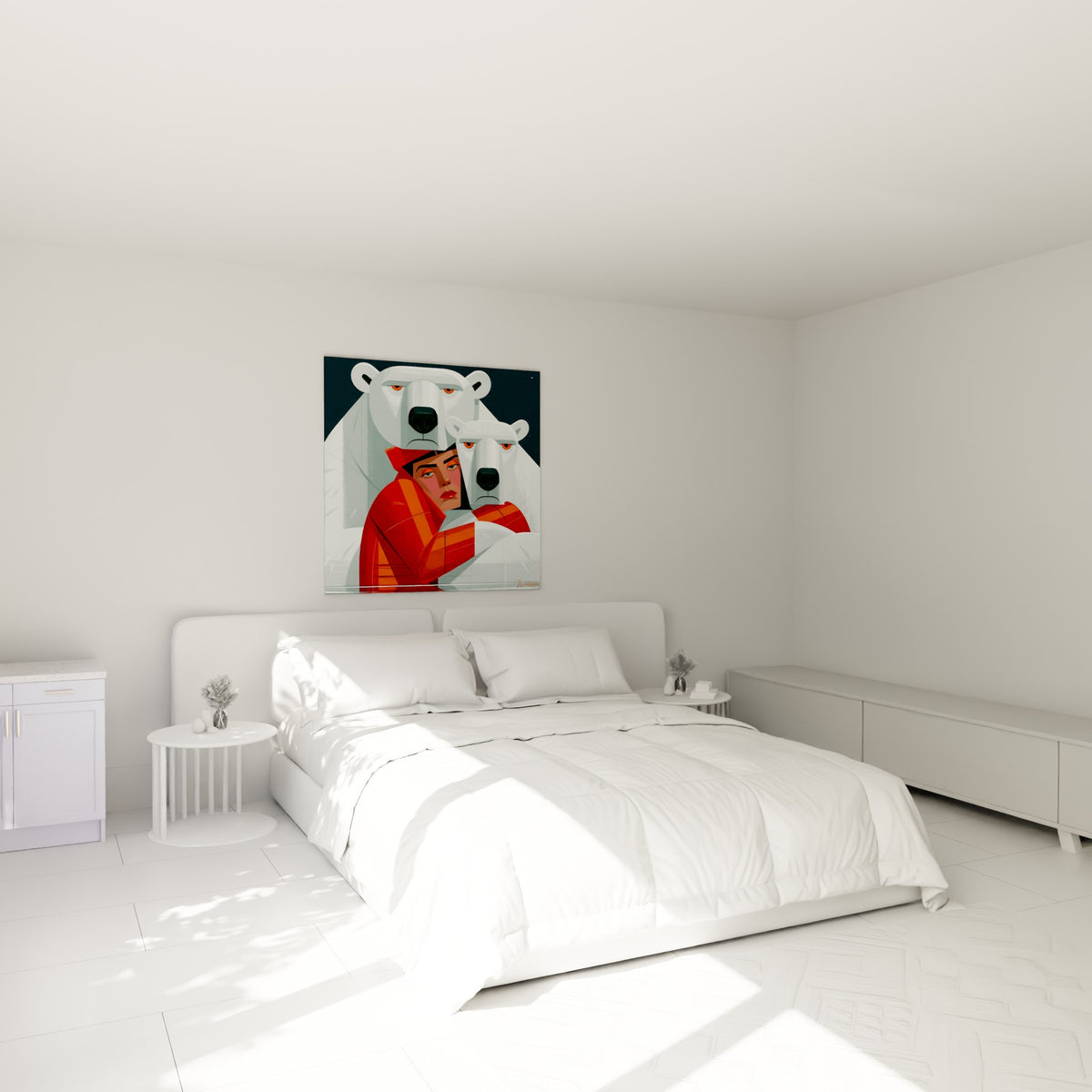 Femme au manteau rouge entre deux ours polaires blancs, accrochée au-dessus d'un lit dans une chambre claire