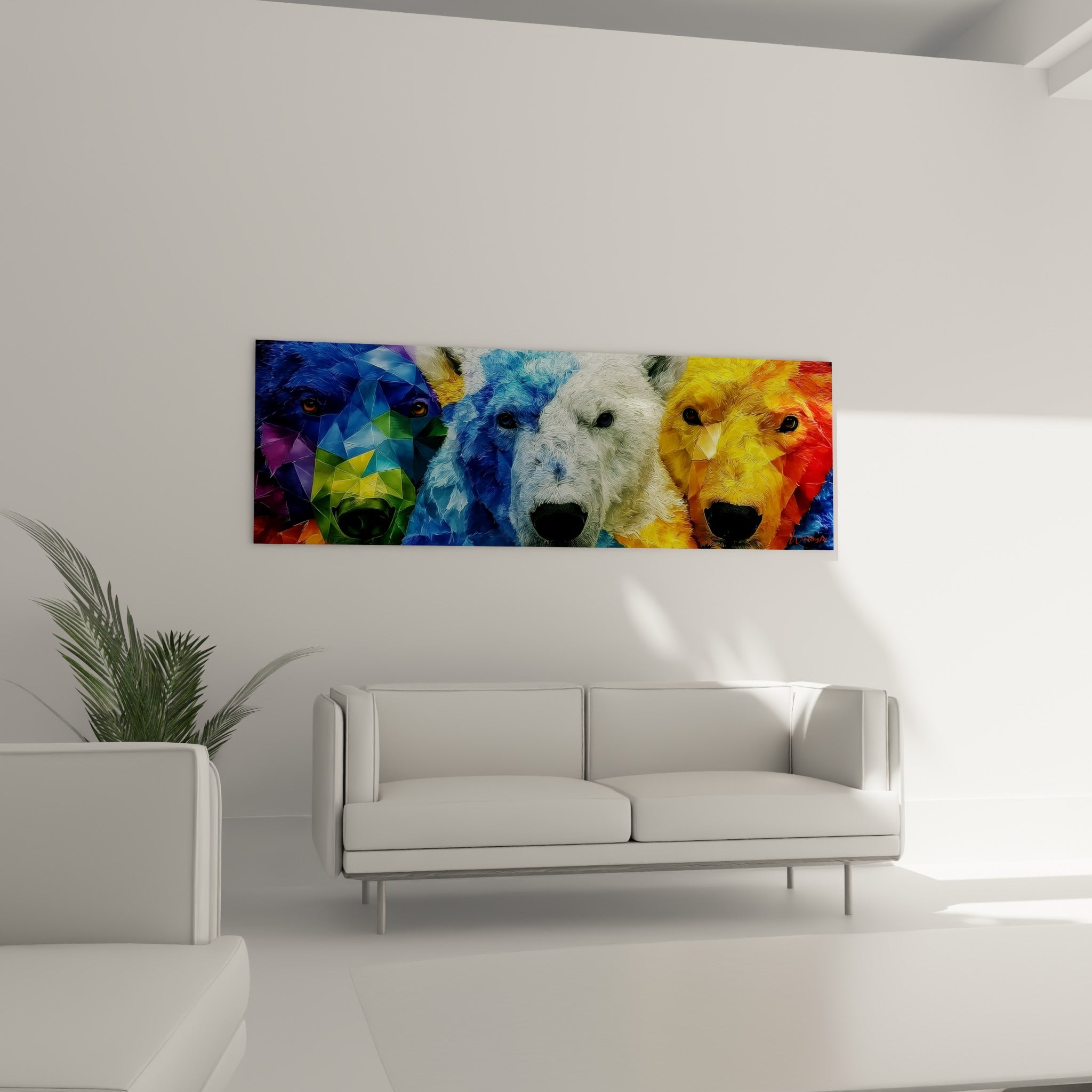 Regards perçants d'Ours polaire bleu pastel et rouge orangé au-dessus d'un canapé dans un salon lumineux