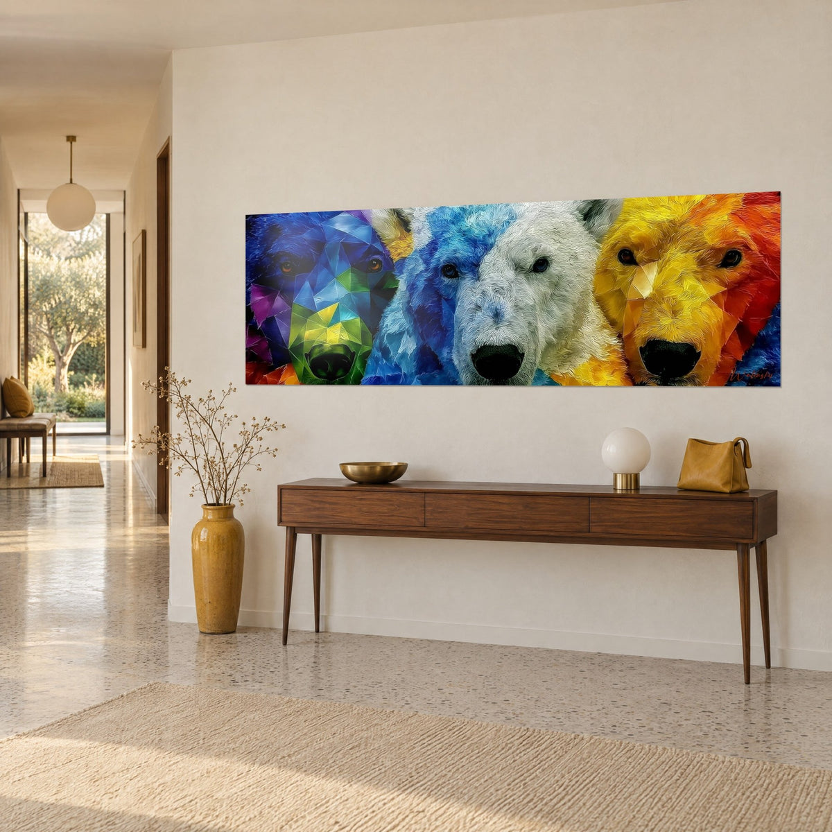 Wall art polar bear with swirling white fur between two geometric blue and orange bears, wooden console, golden vase