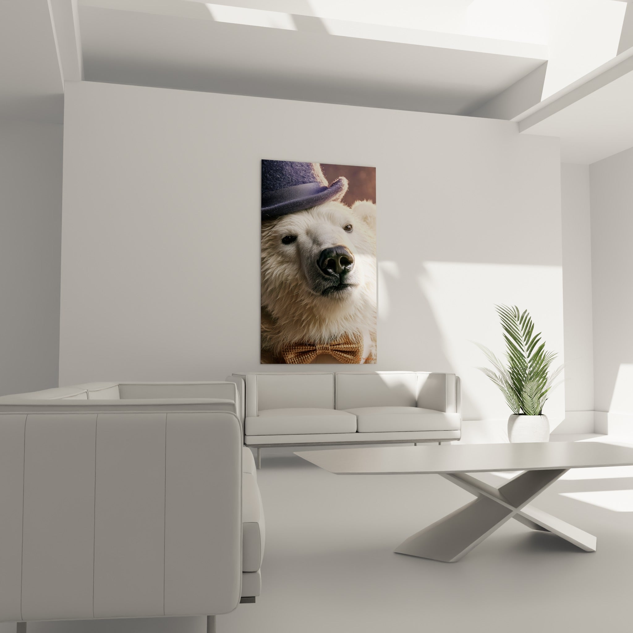 Regard tendre d'ours polaire en chapeau anthracite et nœud papillon doré, au-dessus d'un canapé dans un salon lumineux