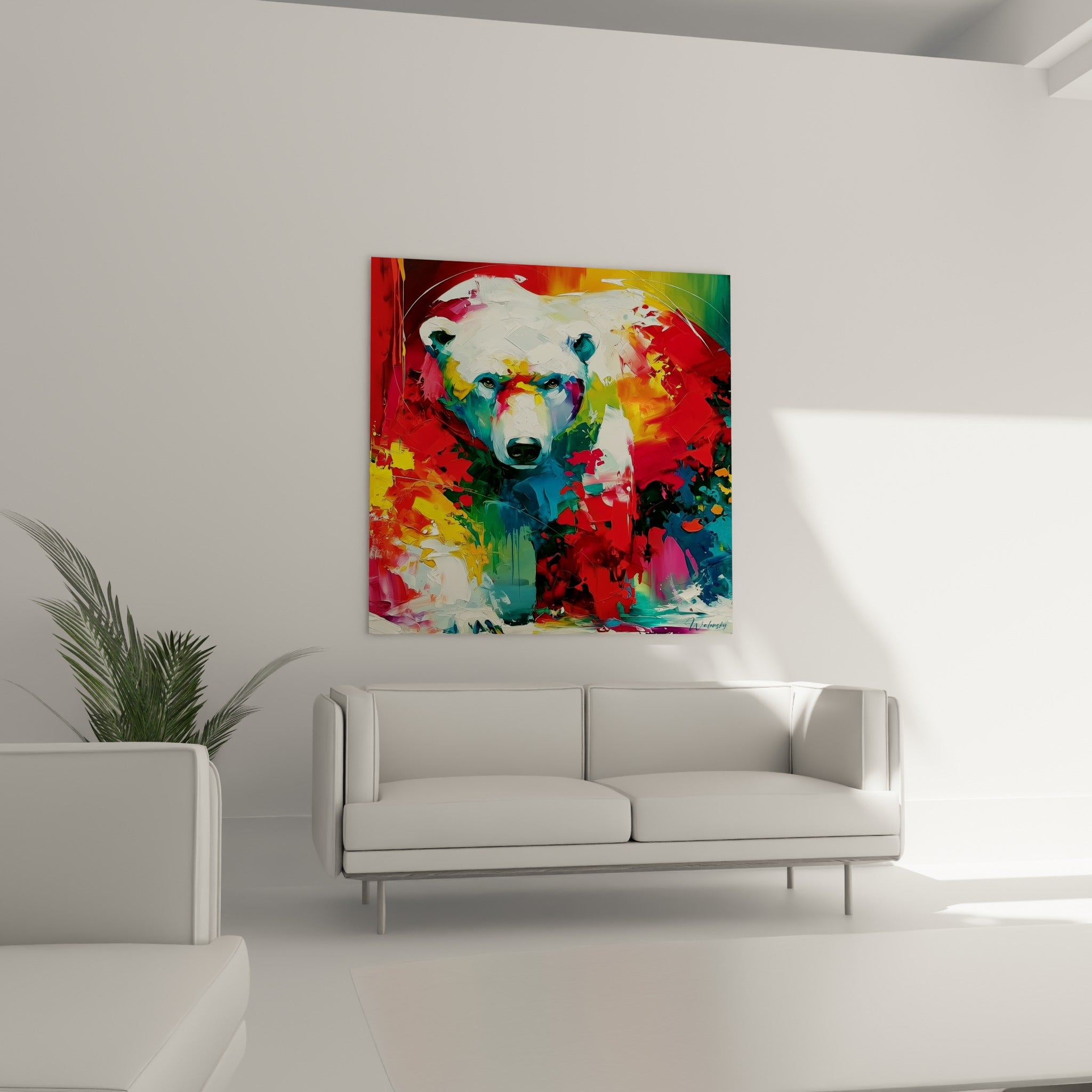 Regard sombre de l'ours polaire cerné de violet et de vert, au-dessus d'un canapé dans un salon lumineux
