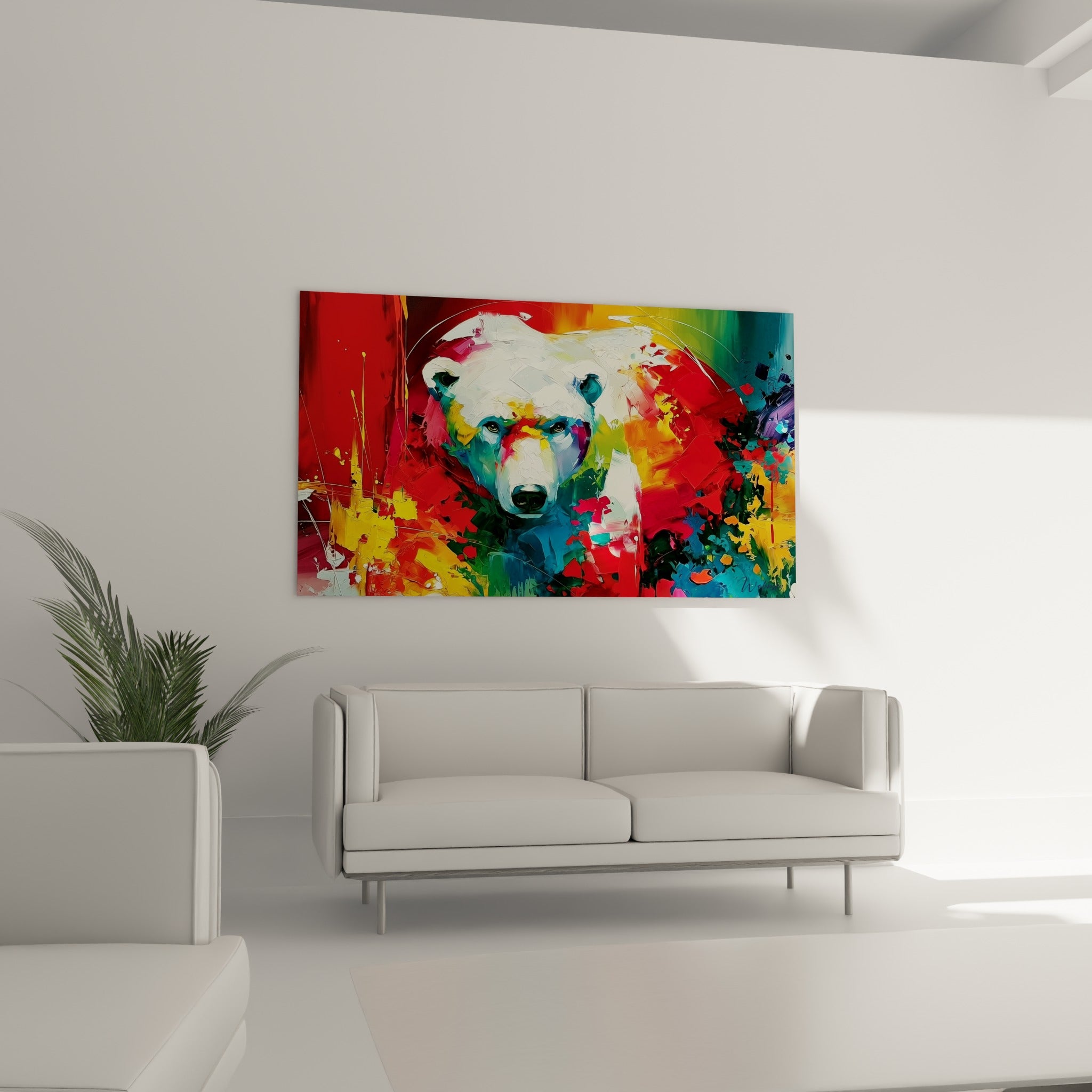 Regard sombre de l'ours polaire cerné de vert et de violet, au-dessus d'un canapé dans un salon lumineux