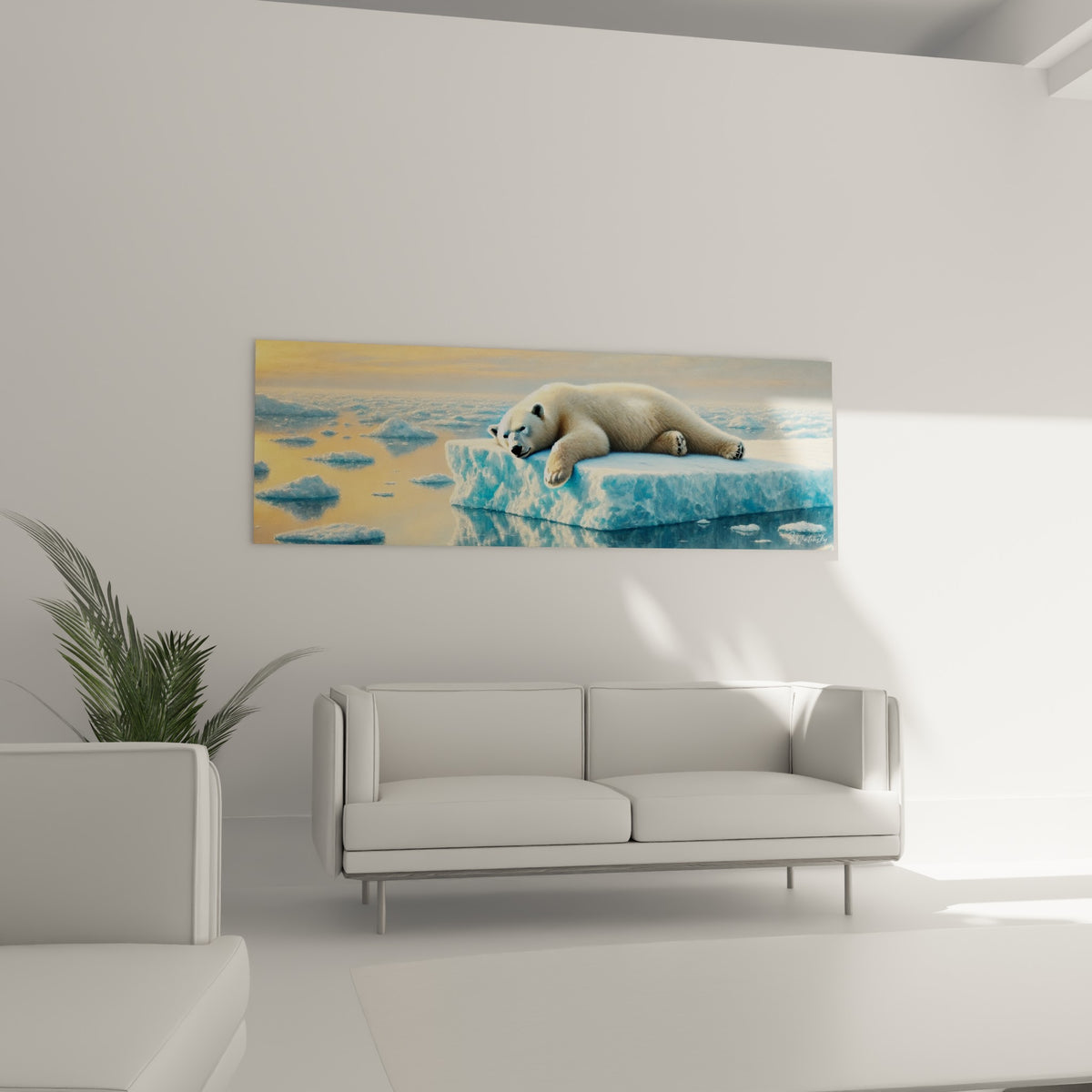 Ours polaire étiré sur glace bleutée et lumière ocre, au-dessus d'un canapé dans un salon lumineux