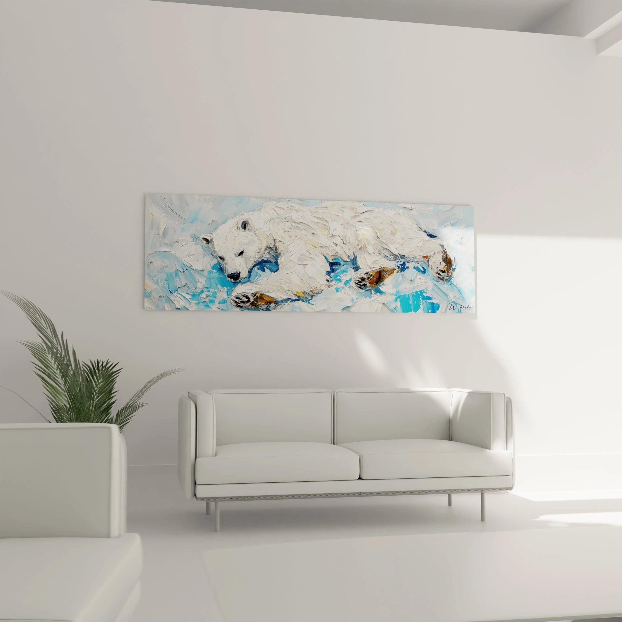 Tableau ours polaire Walensky peint à la main suspendu au-dessus d'un canapé blanc dans un salon moderne