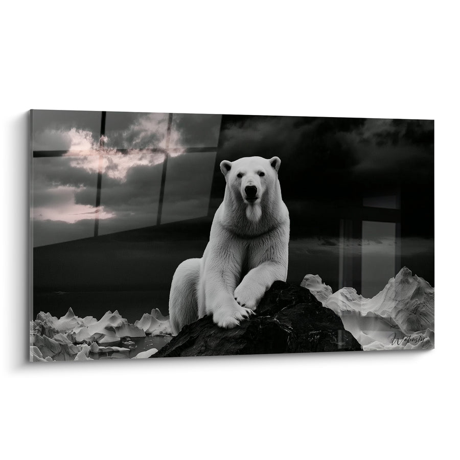 Tableau Ours polaire blanc et noir accoudé au rocher - Icebergs sous ciel nuageux - Edition Ours polaire