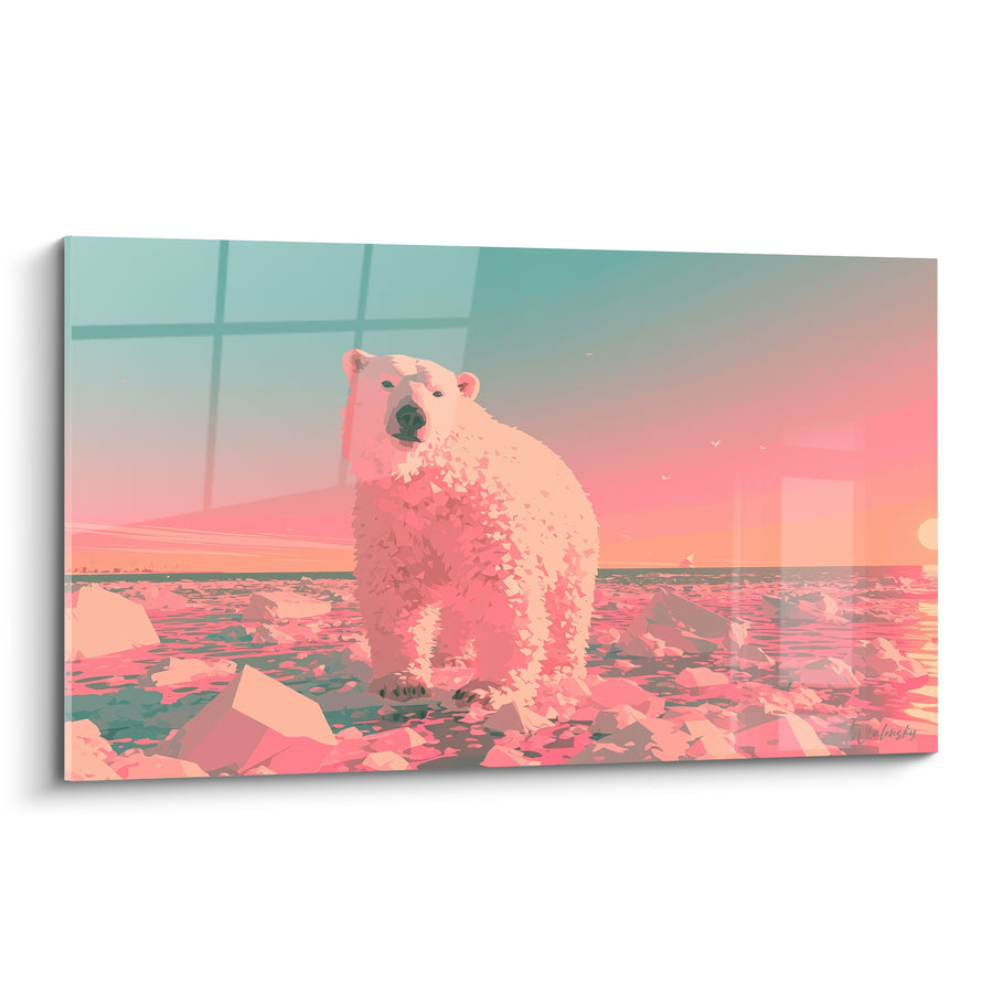 Tableau Ours polaire aux teintes rose et turquoise sur banquise fragmentée - Soleil couchant à l'horizon - Edition Ours polaire