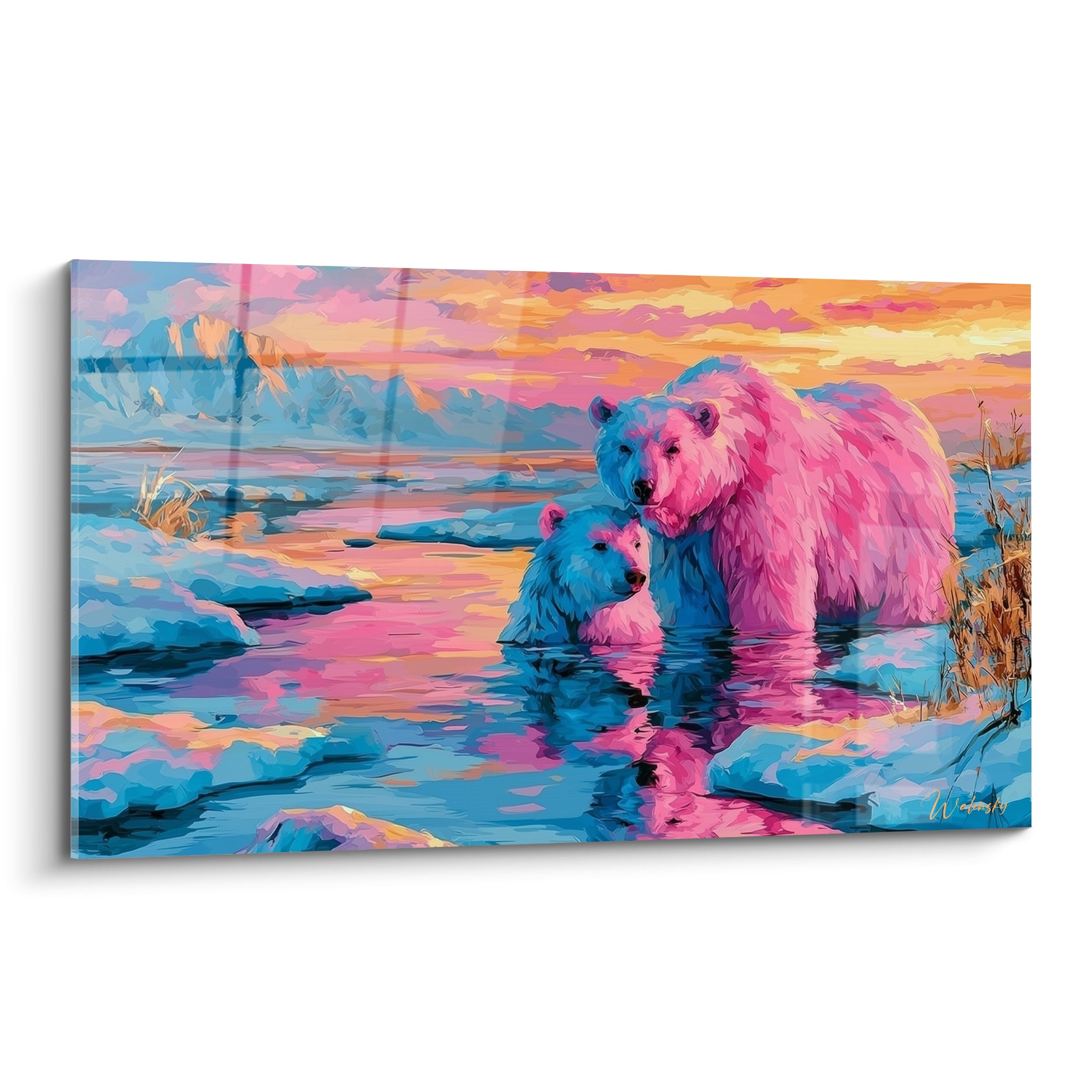 Ours polaire rose fauve et petit bleu pastel dans une eau aux reflets orangés au crépuscule