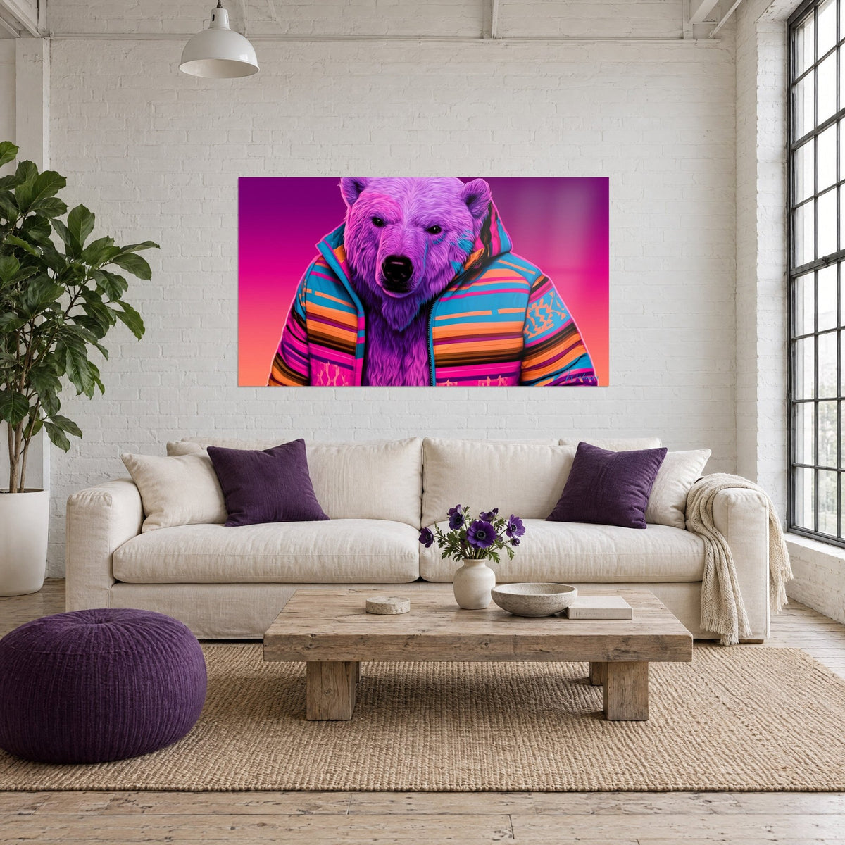 Tableau ours polaire violet en doudoune rayée turquoise et orange sur fond rose dégradé, au-dessus d'un canapé dans un salon lumineux