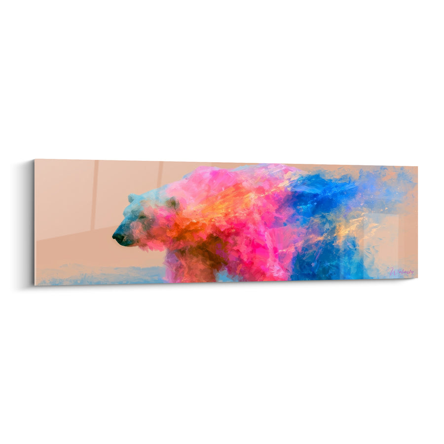 Tableau Ours polaire aux teintes fuchsia et bleues sur fond crème - Explosion picturale panoramique - Edition Ours polaire