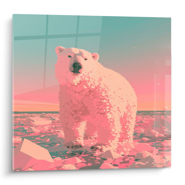 Tableau Ours polaire rose et turquoise sur banquise - Aube glacée - Edition Ours polaire