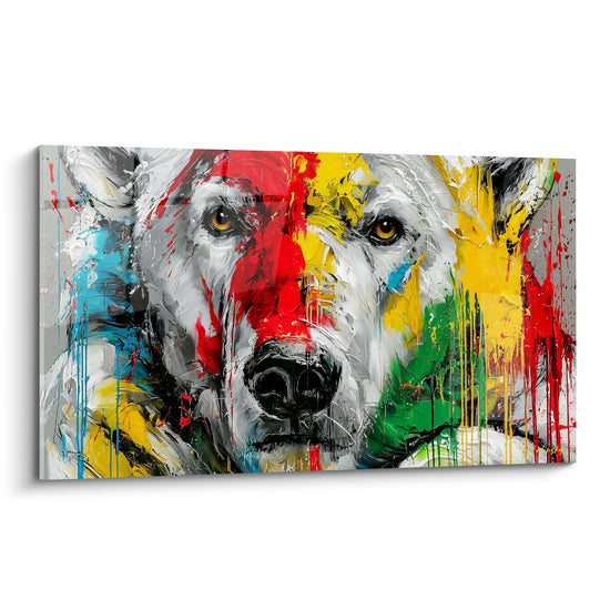 Ours polaire au regard ambré, pelage blanc éclaboussé de rouge, jaune et vert vif