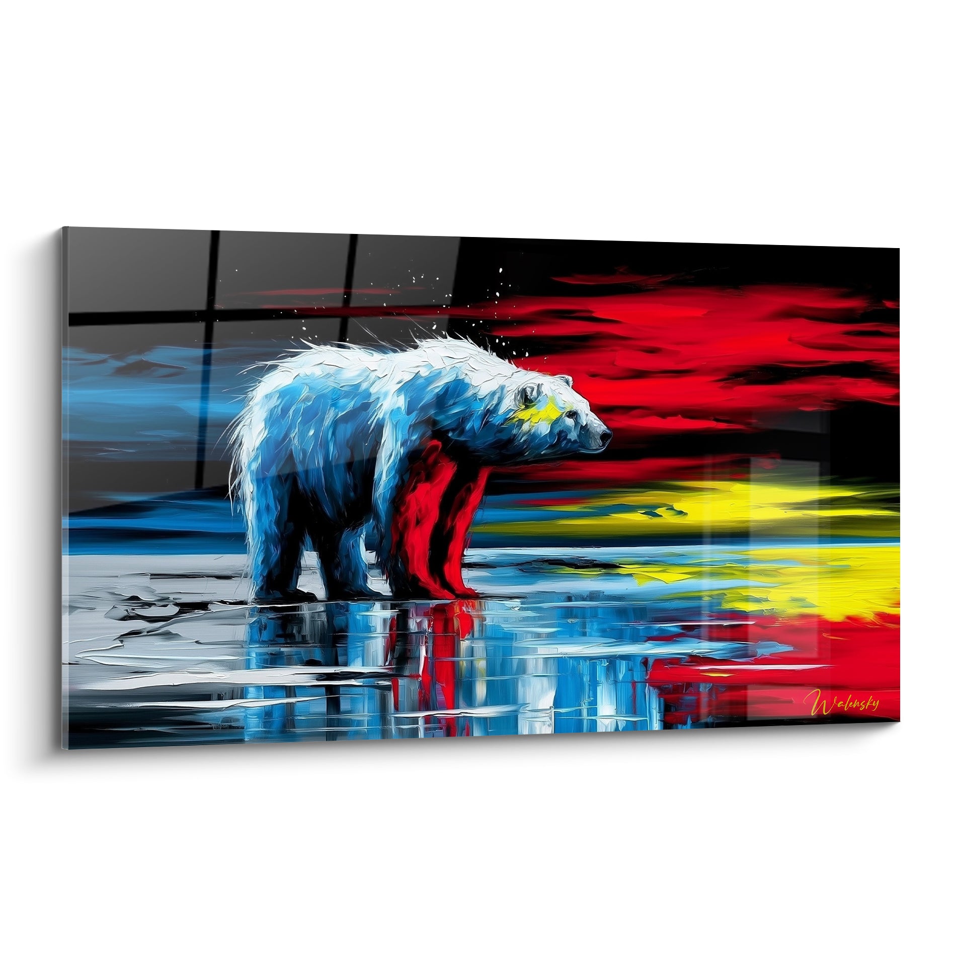 Ours polaire blanc et bleu glacé debout devant un ciel rouge et jaune éclatant