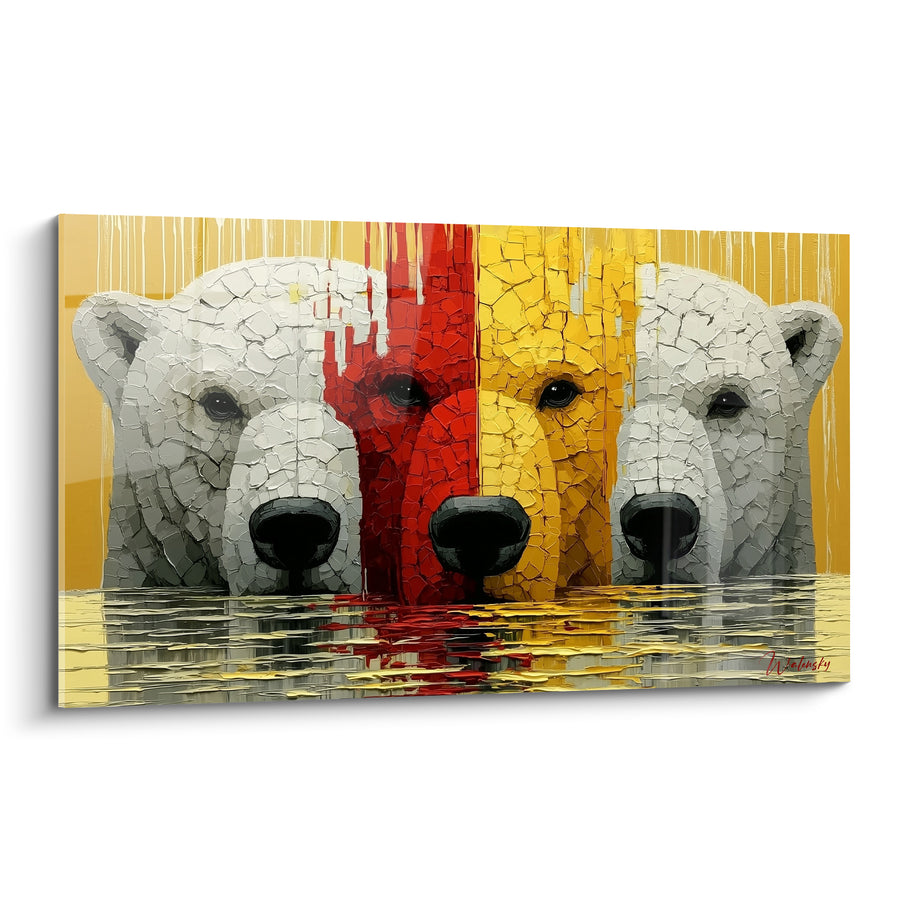 Tableau Trio ours polaires rouge et jaune safran - Regards immergés - Edition Ours polaire