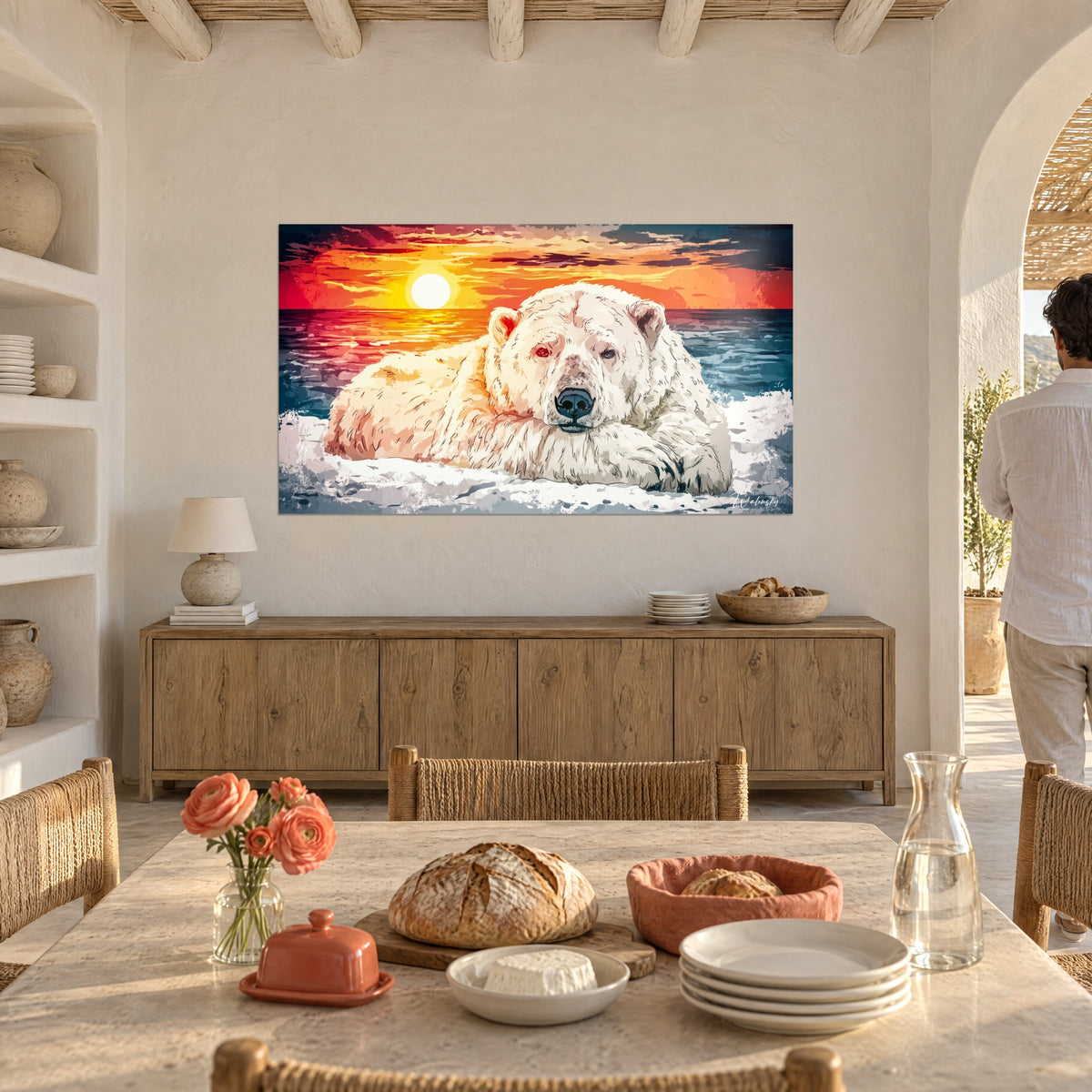 Schilderij pakijs in de schemering, crèmekleurige beer met melancholieke blik, witte zon boven een karmijnrode lucht, mediterrane eetkamer