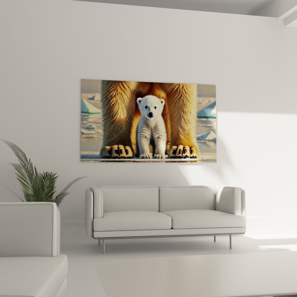 Petit ours polaire blanc et doré face à la banquise, au-dessus d'un canapé dans un salon lumineux