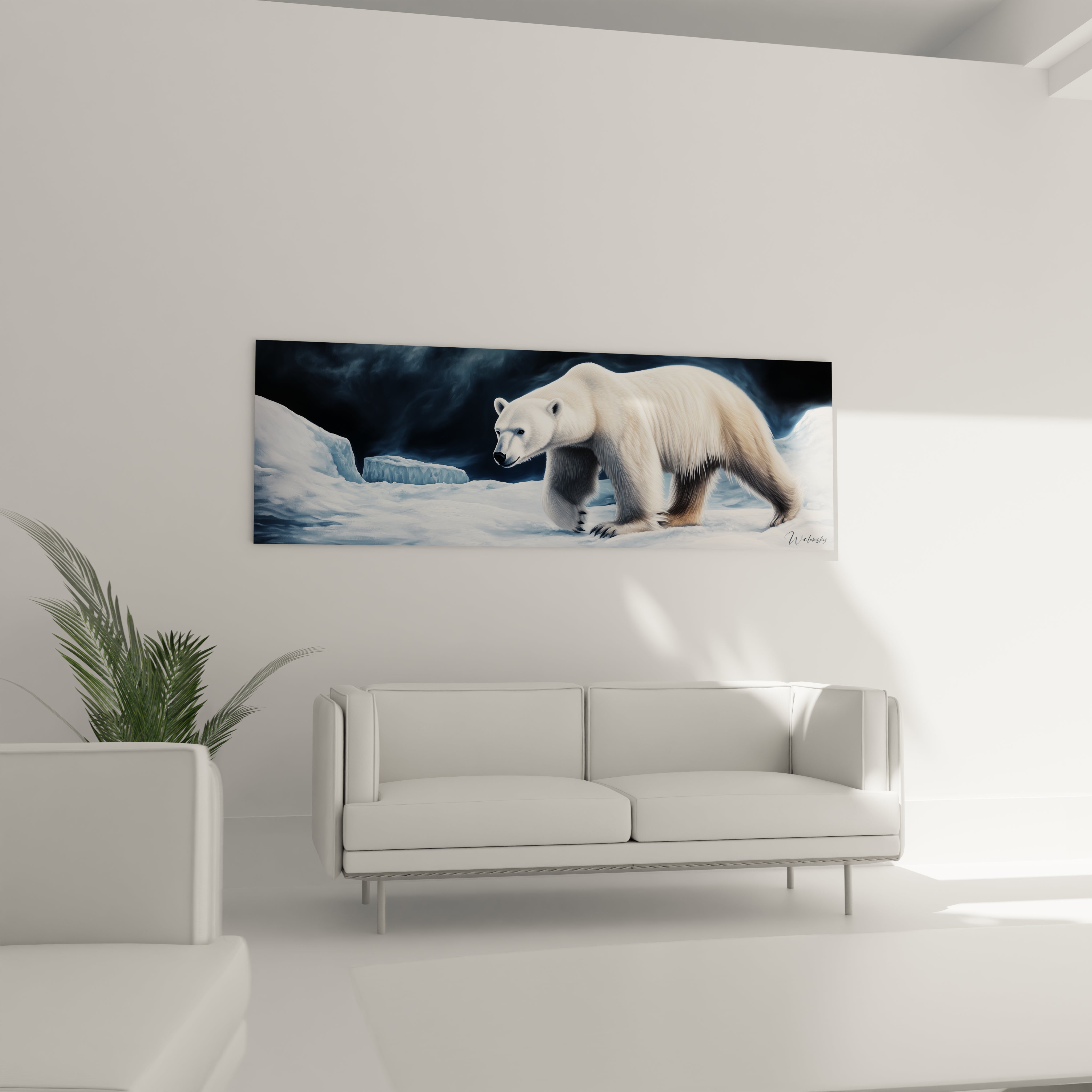 Tableau ours polaire Walensky accroché au-dessus d'un canapé blanc dans un salon minimaliste