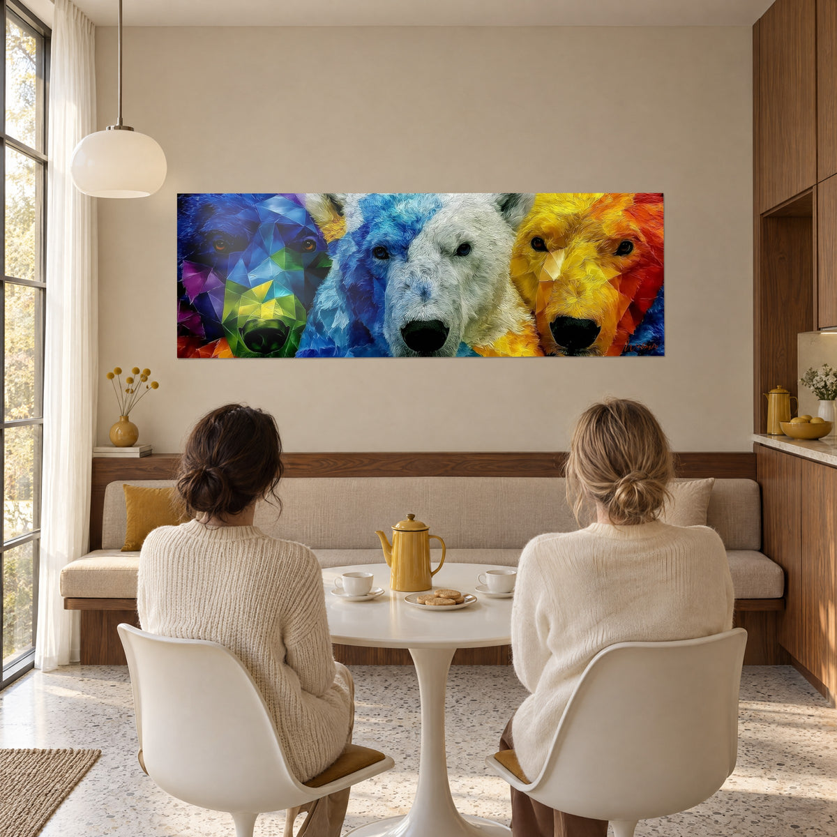 Wall art white bear with bluish highlights flanked by two multicoloured bears, green, purple and orange, 1950s living room with two people seen from behind