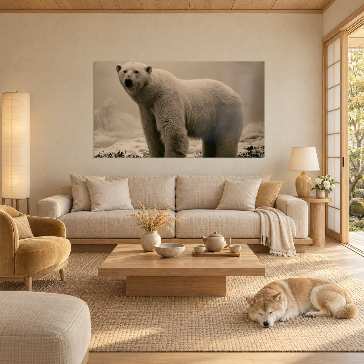 Gemälde Eisbär mit ockerfarbenem Fell vor sepiabraunem Nebel, beige Eisscholle, schlafender Shiba, über einem Sofa in einem hellen Wohnzimmer