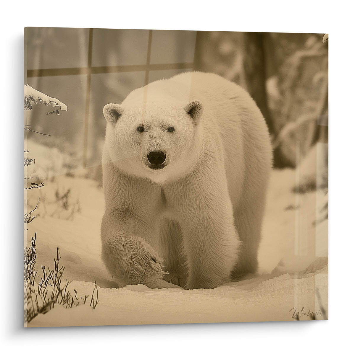 Ours polaire sépia et crème avançant dans la neige, regard fixe, pelage doux et texturé