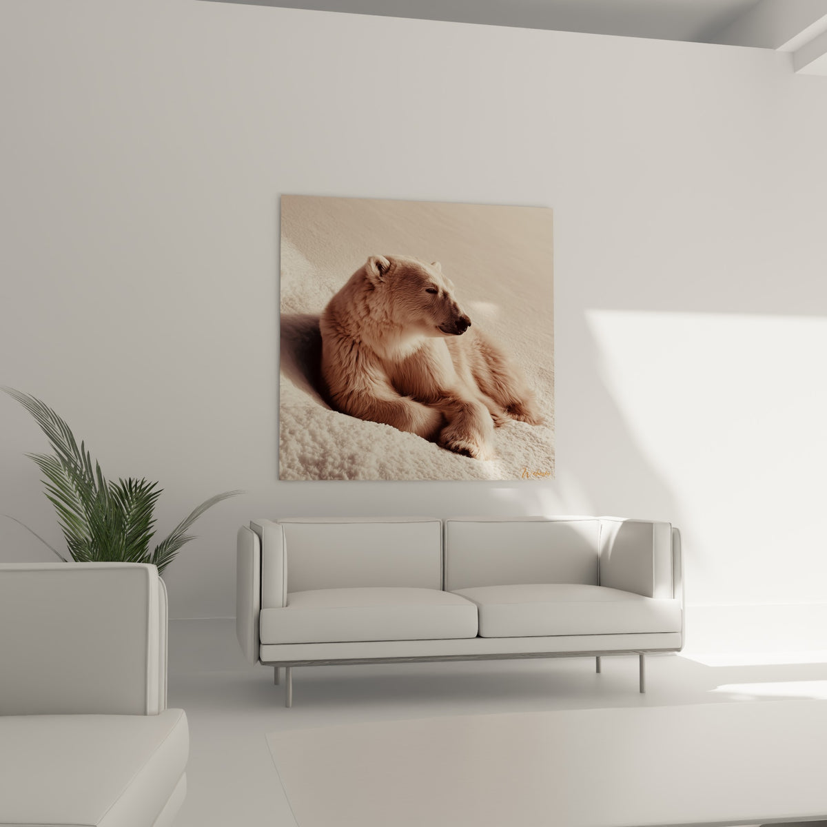 Ours polaire sépia et blanc au repos, regard mi-clos, au-dessus d'un canapé dans un salon lumineux