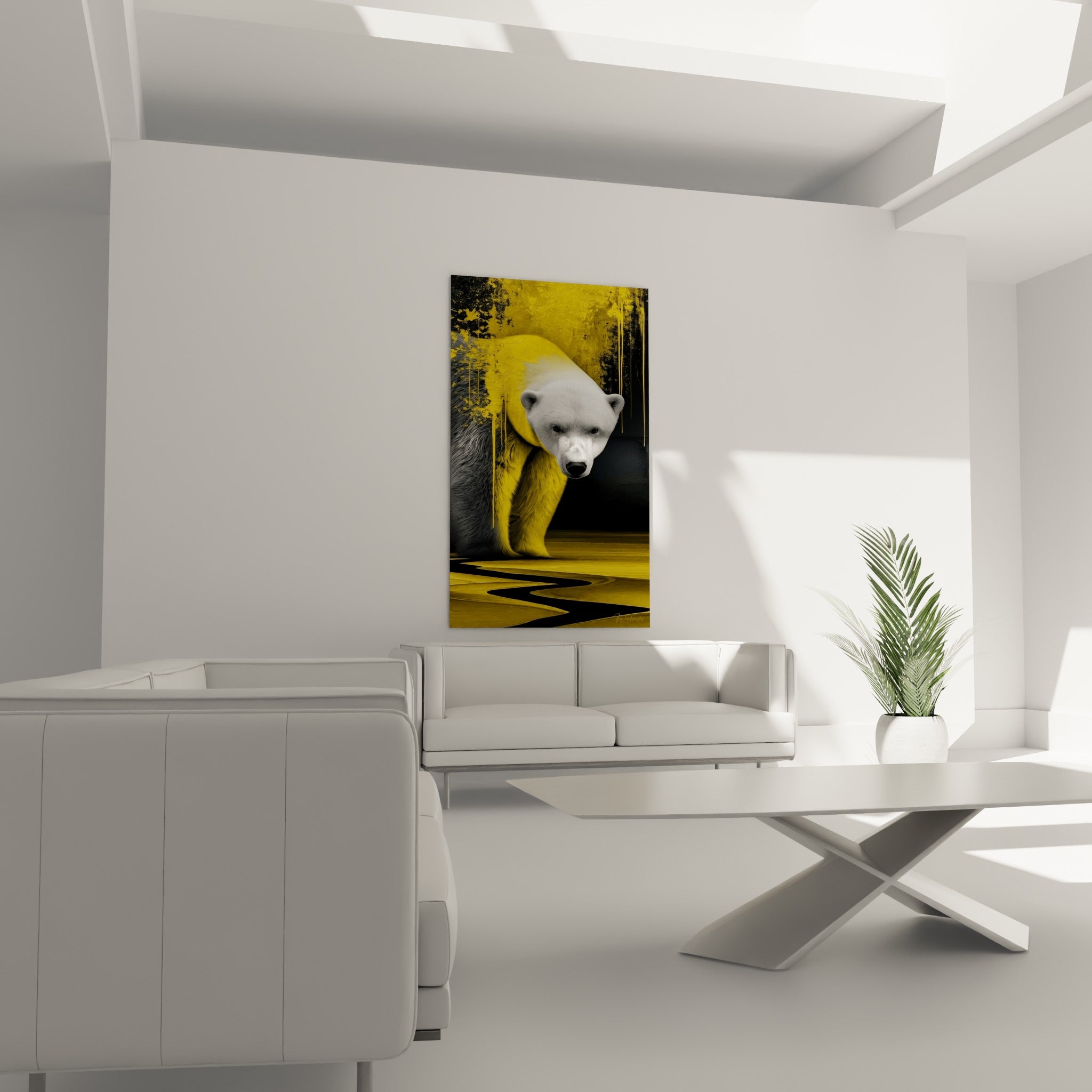 Silhouette massive de l'ours polaire fondue dans un décor jaune et anthracite, au-dessus d'un canapé dans un salon lumineux