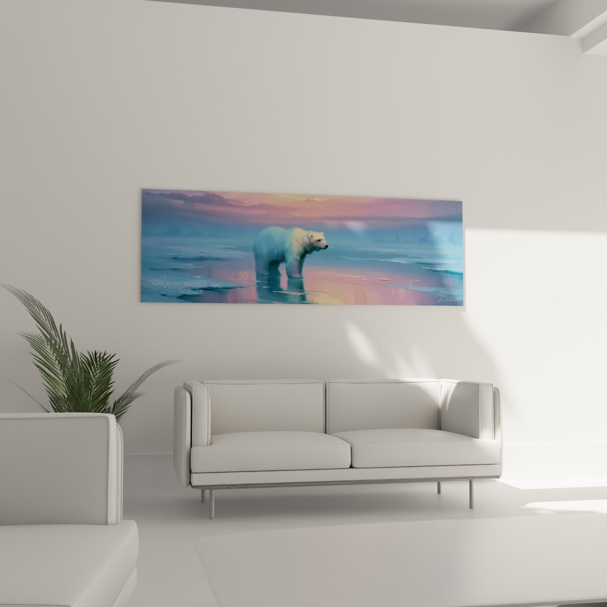 Ours polaire immobile sur la banquise teintée de rose poudré et bleu glacier, au-dessus d'un canapé dans un salon lumineux