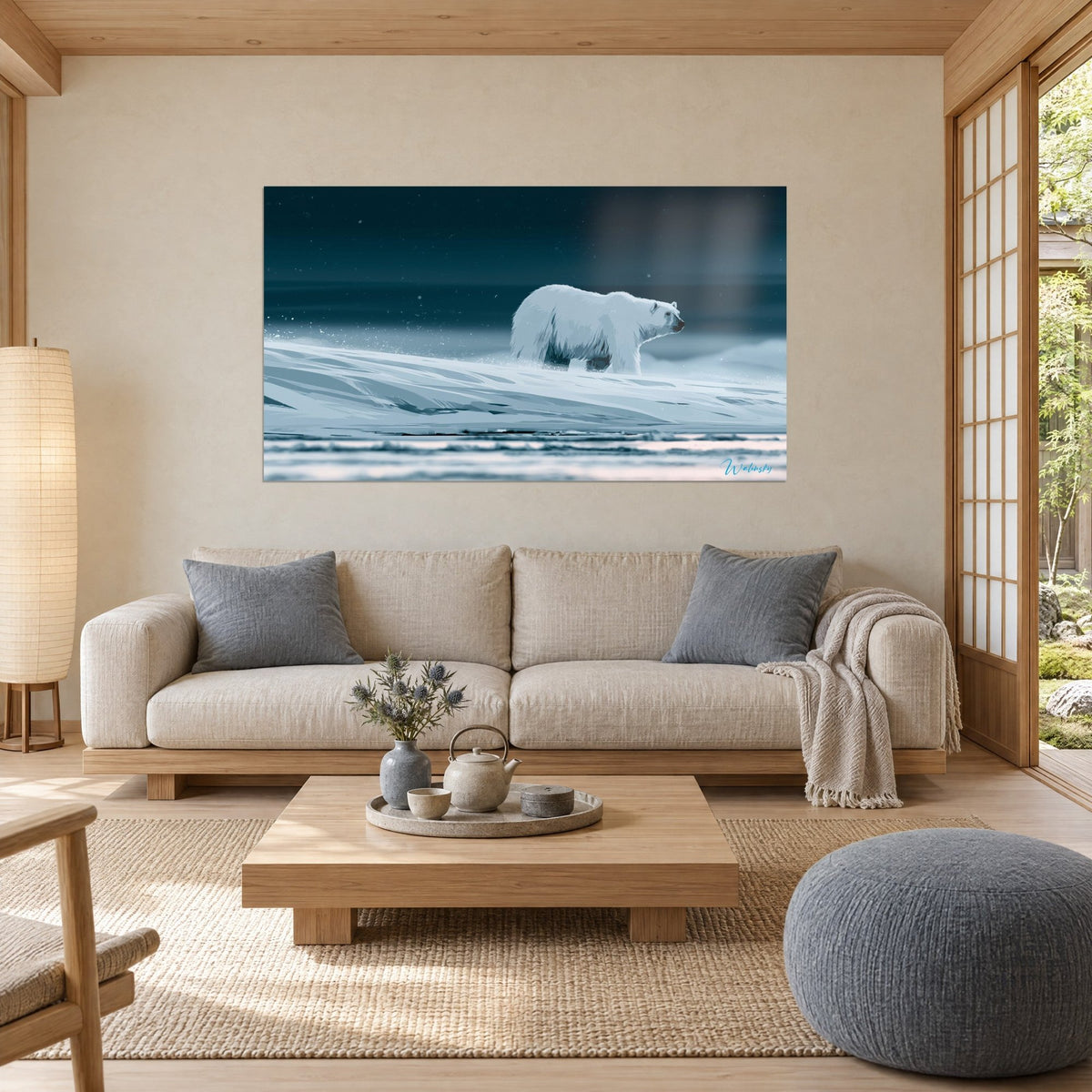 Quadro orso polare dal pelo bianco ghiacciato, banchisa blu notte e cielo stellato, sopra un divano in un soggiorno luminoso