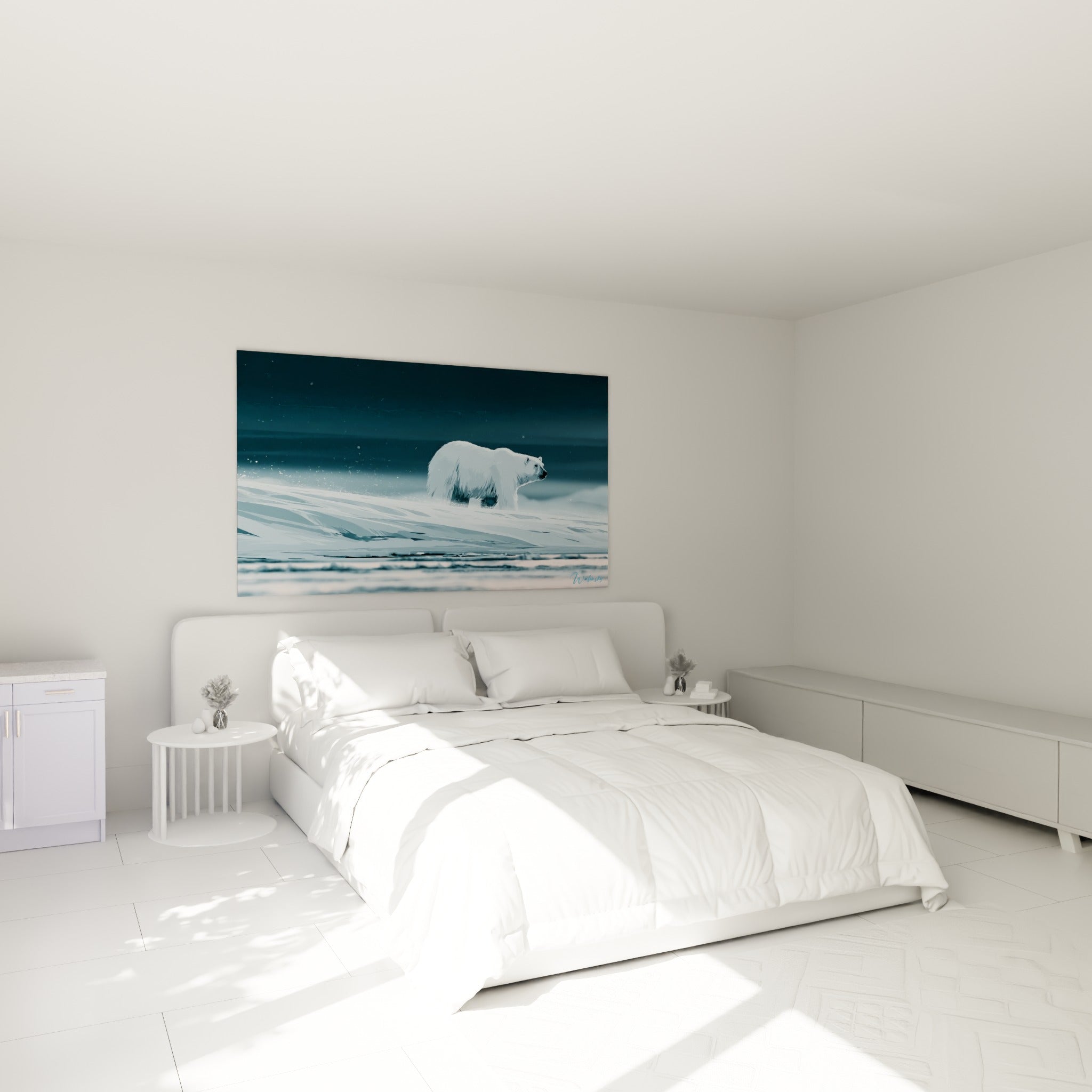Silhouette d'ours polaire blanc et bleu ardoise, accrochée au-dessus d'un lit dans une chambre claire