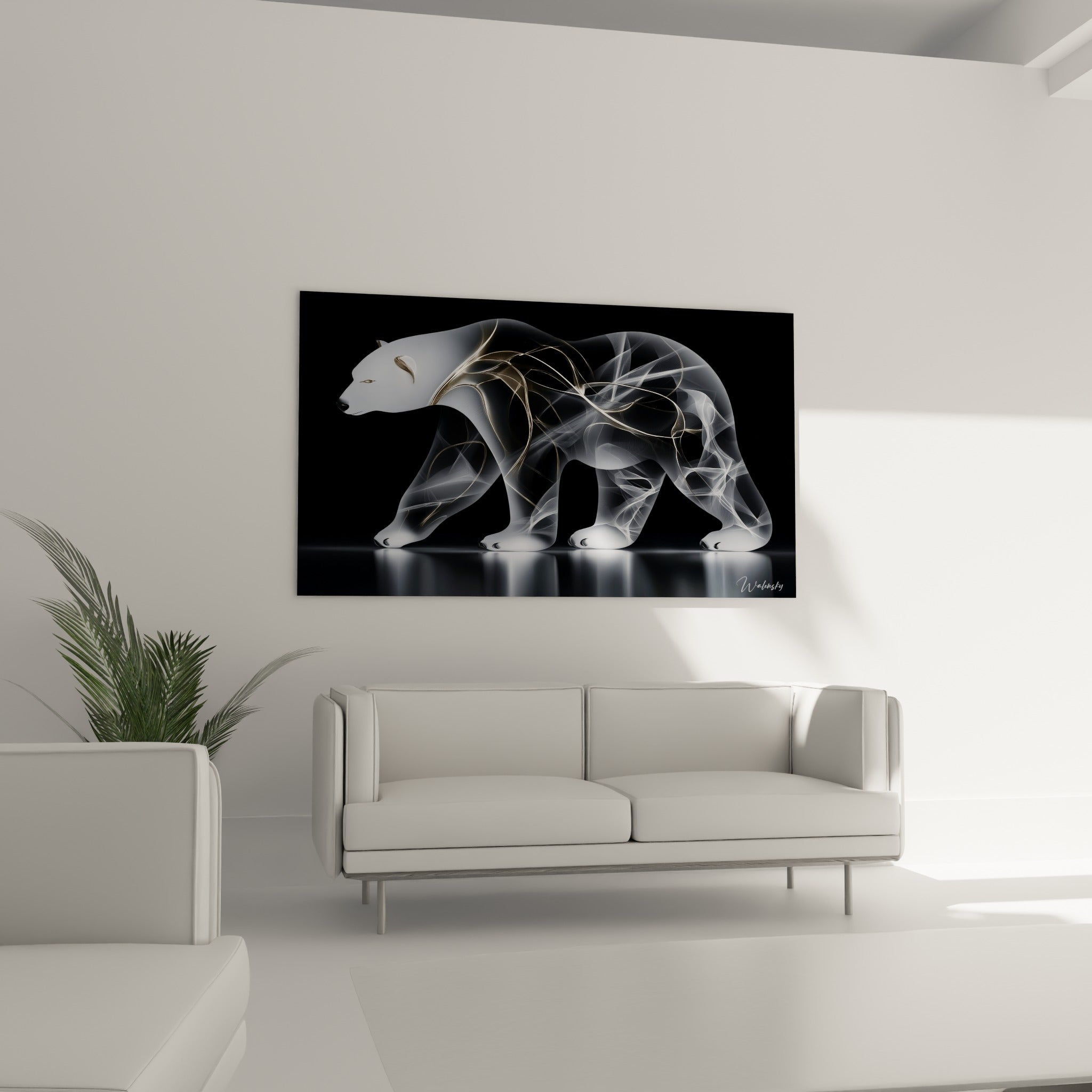 Ours polaire graphique noir et blanc à touches dorées, suspendu au-dessus d'un canapé dans un salon lumineux