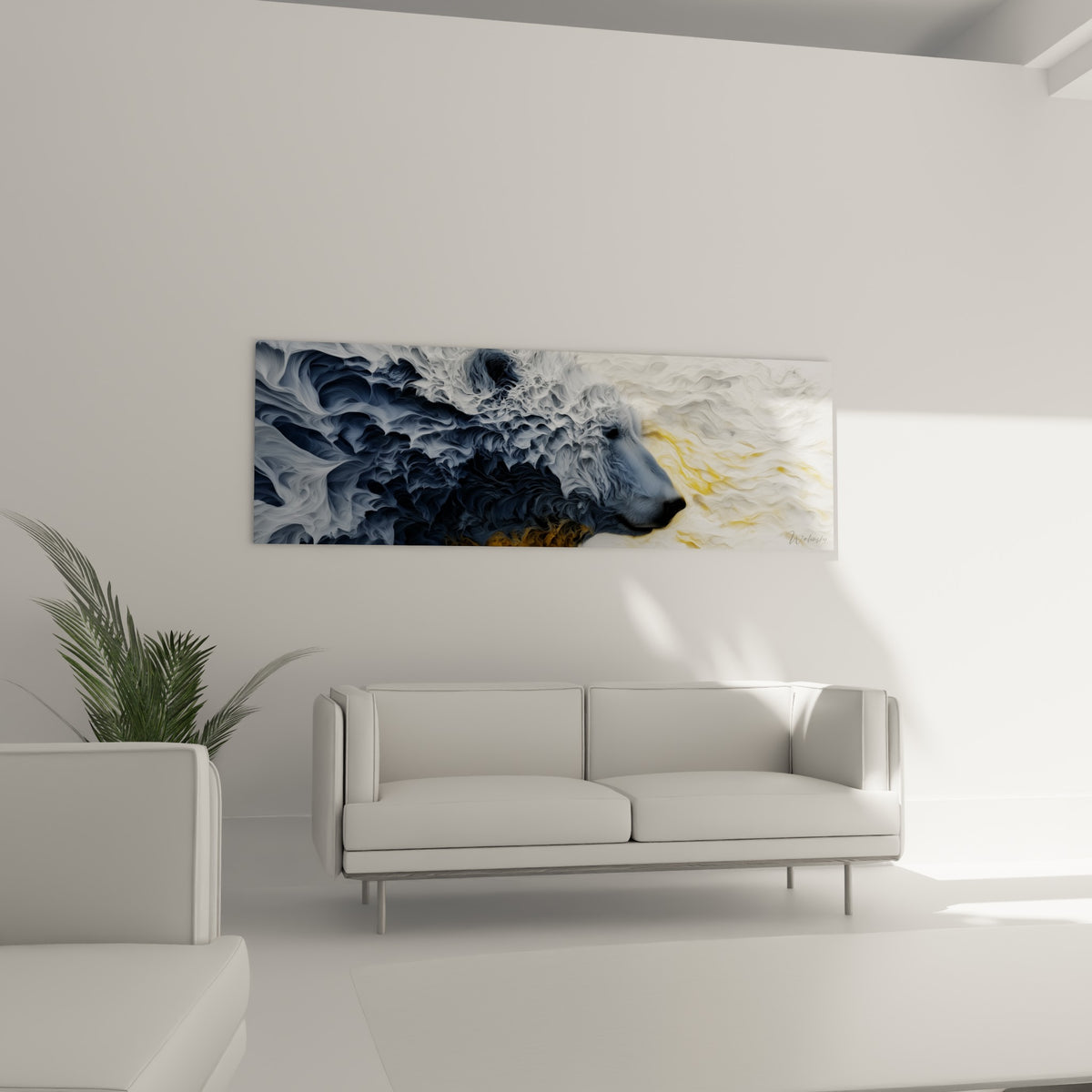 Silhouette de l'ours polaire aux reflets ocre et anthracite, au-dessus d'un canapé dans un salon lumineux