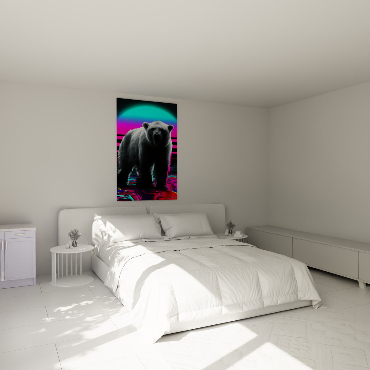 Silhouette d'ours polaire aux teintes fuchsia au-dessus d'un lit dans une chambre claire