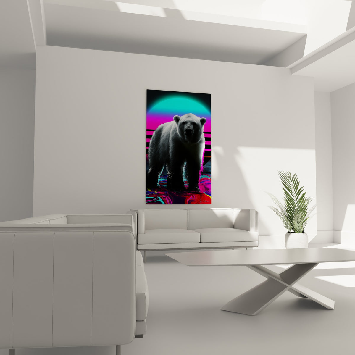 Regard sombre de l'ours polaire baigné de turquoise au-dessus d'un canapé dans un salon lumineux