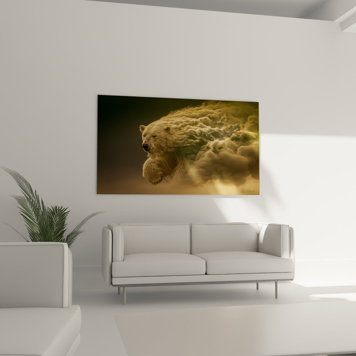 Regard paisible de l'ours polaire aux teintes sable et dorées au-dessus d'un canapé dans un salon lumineux