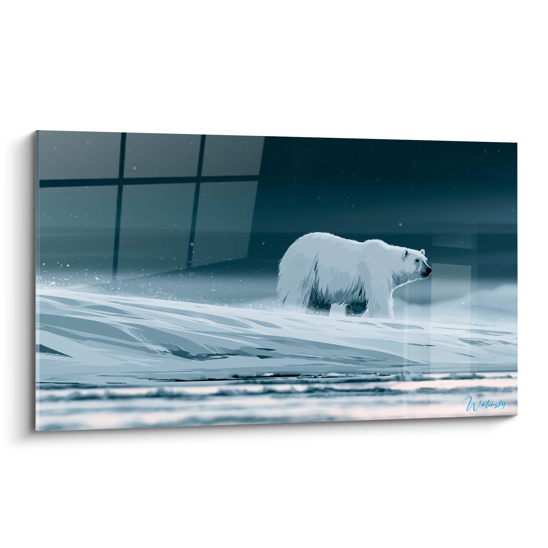 Ours polaire blanc traversant une tempête bleu nuit, pelage texturé et neige balayée par le vent