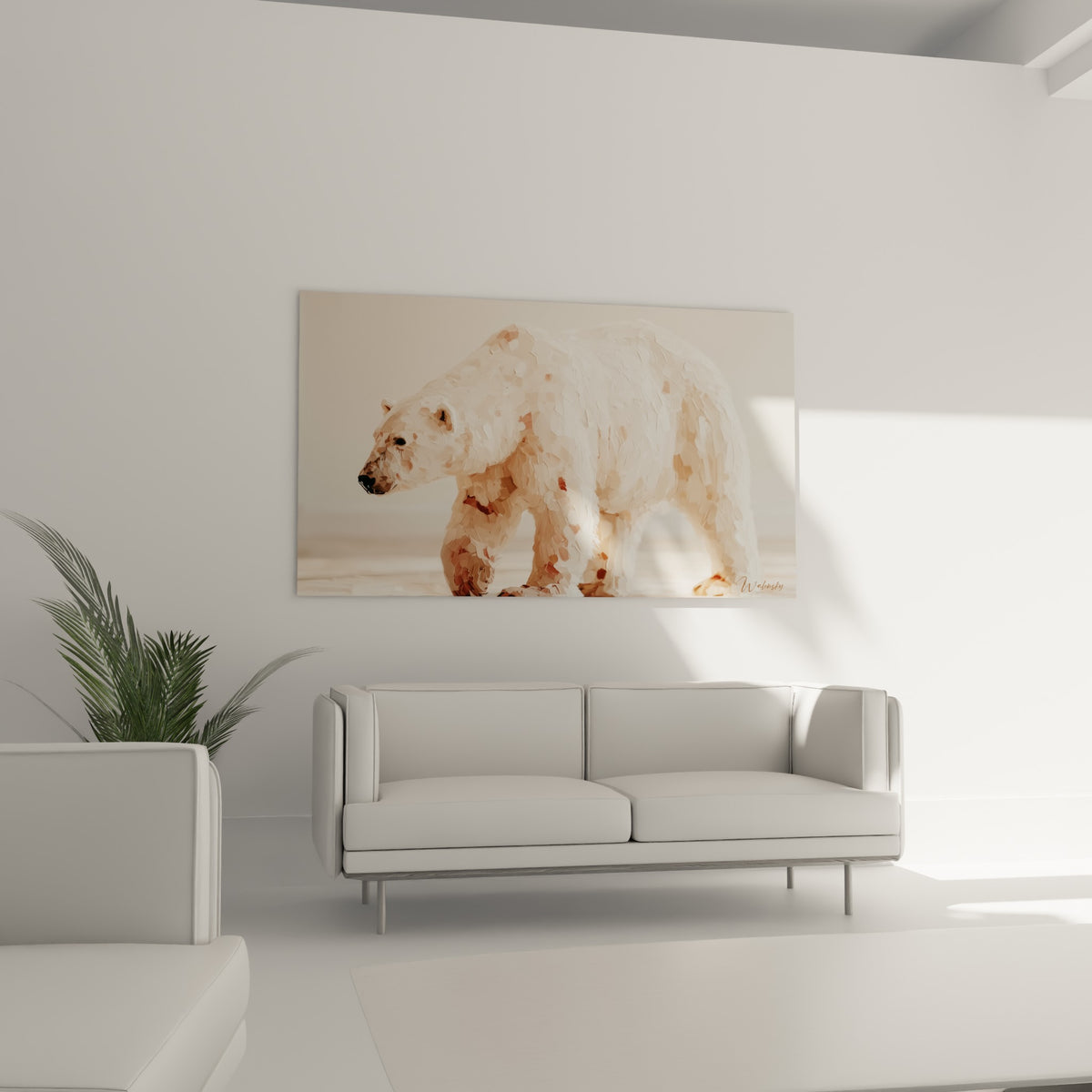 Ours polaire blanc cassé et terracotta en pleine marche, au-dessus d'un canapé dans un salon lumineux