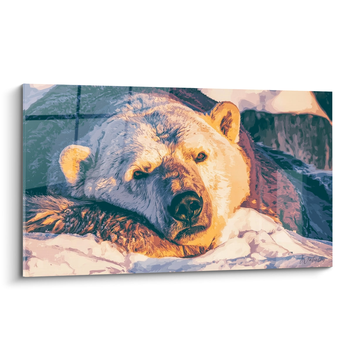 Ours polaire allongé, tête dorée par la lumière, regard doux, pelage blanc et bleu pastel texturé