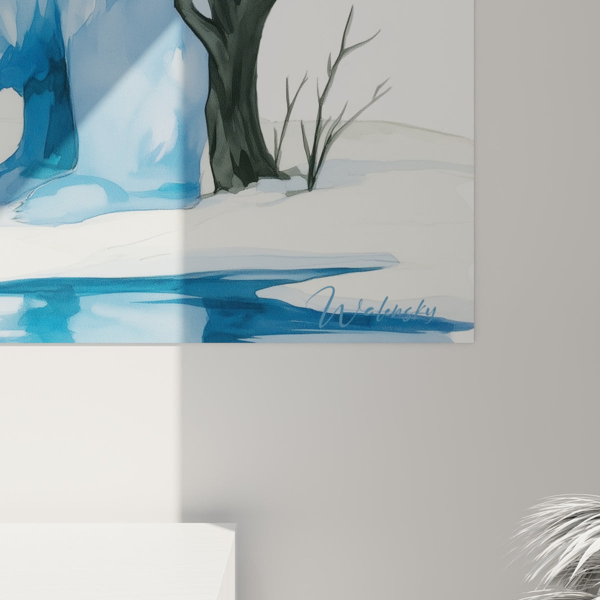 Empâtements bleu clair et blanc du pelage, coulures d'aquarelle visibles de près sur l'ours polaire